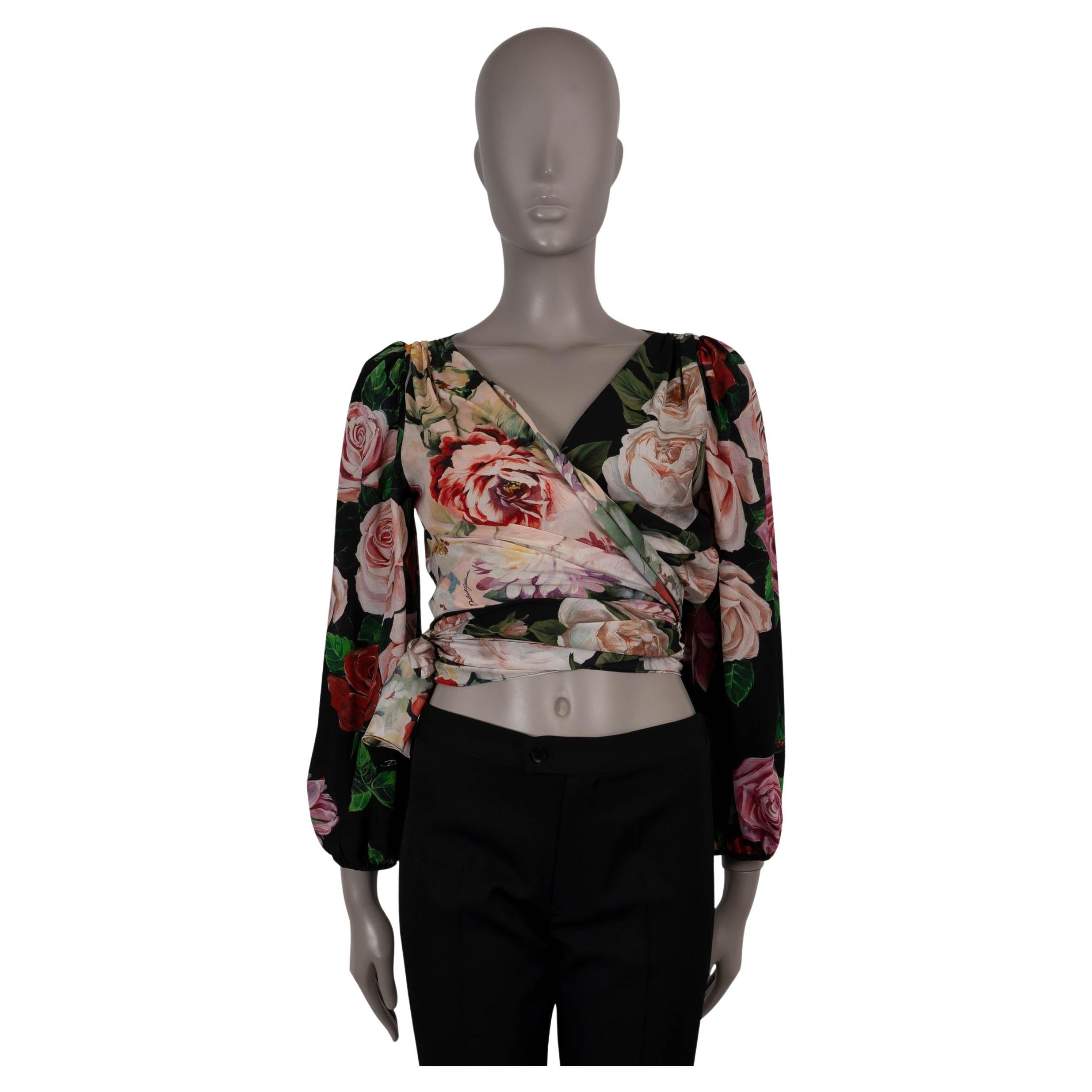 DOLCE & GABBANA camicetta in seta nera 2019 con stampa ROSE, 44 L. in vendita