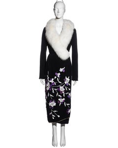 Dolce & Gabbana black silk and fox fur wrap coat with floral embroidery, fw 1997