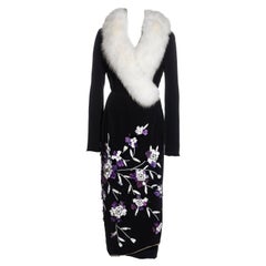 Dolce & Gabbana black silk and fox fur wrap coat with floral embroidery, fw 1997