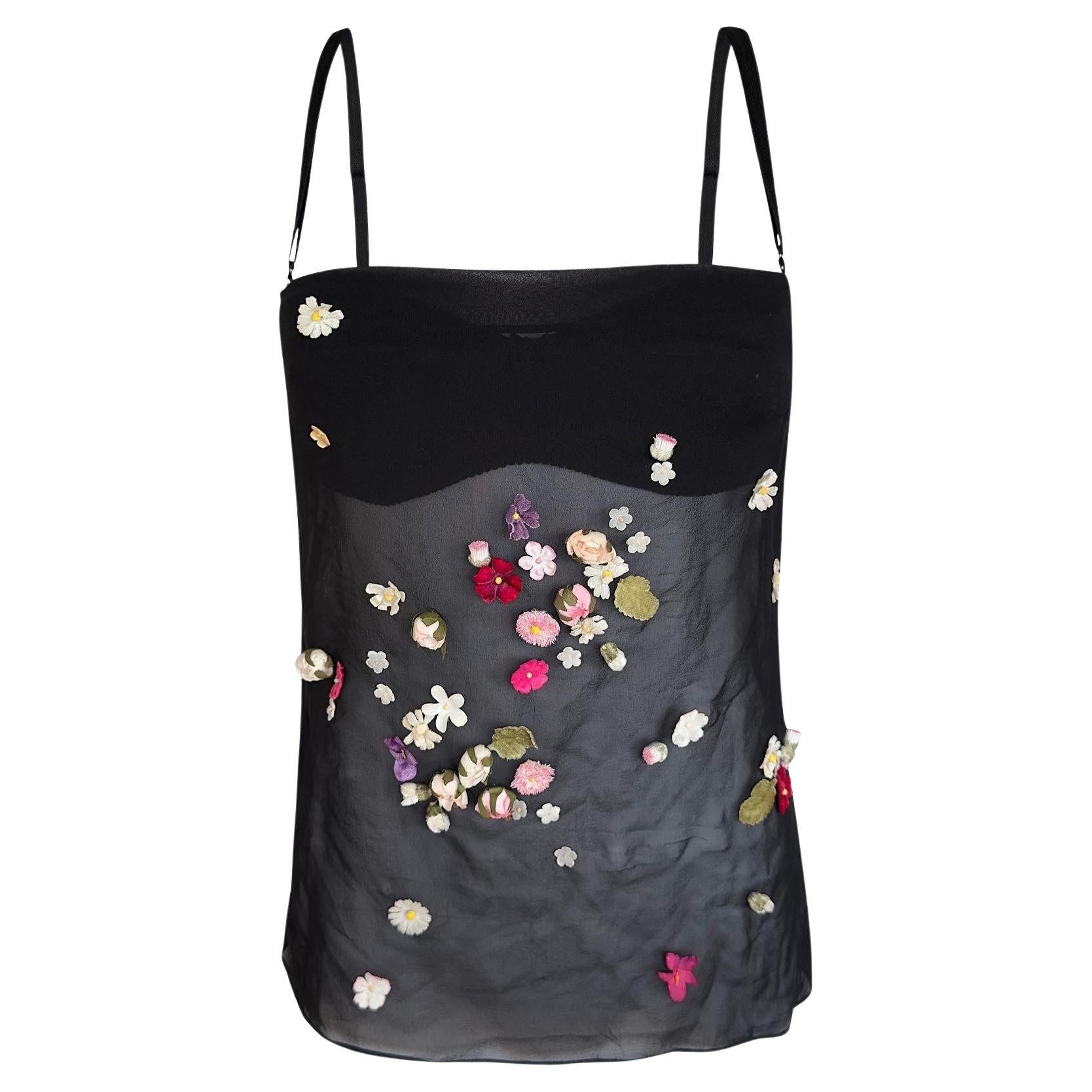 Dolce & Gabbana Black Silk Camisole with Floral Applique & Built in Bra f/w 1999