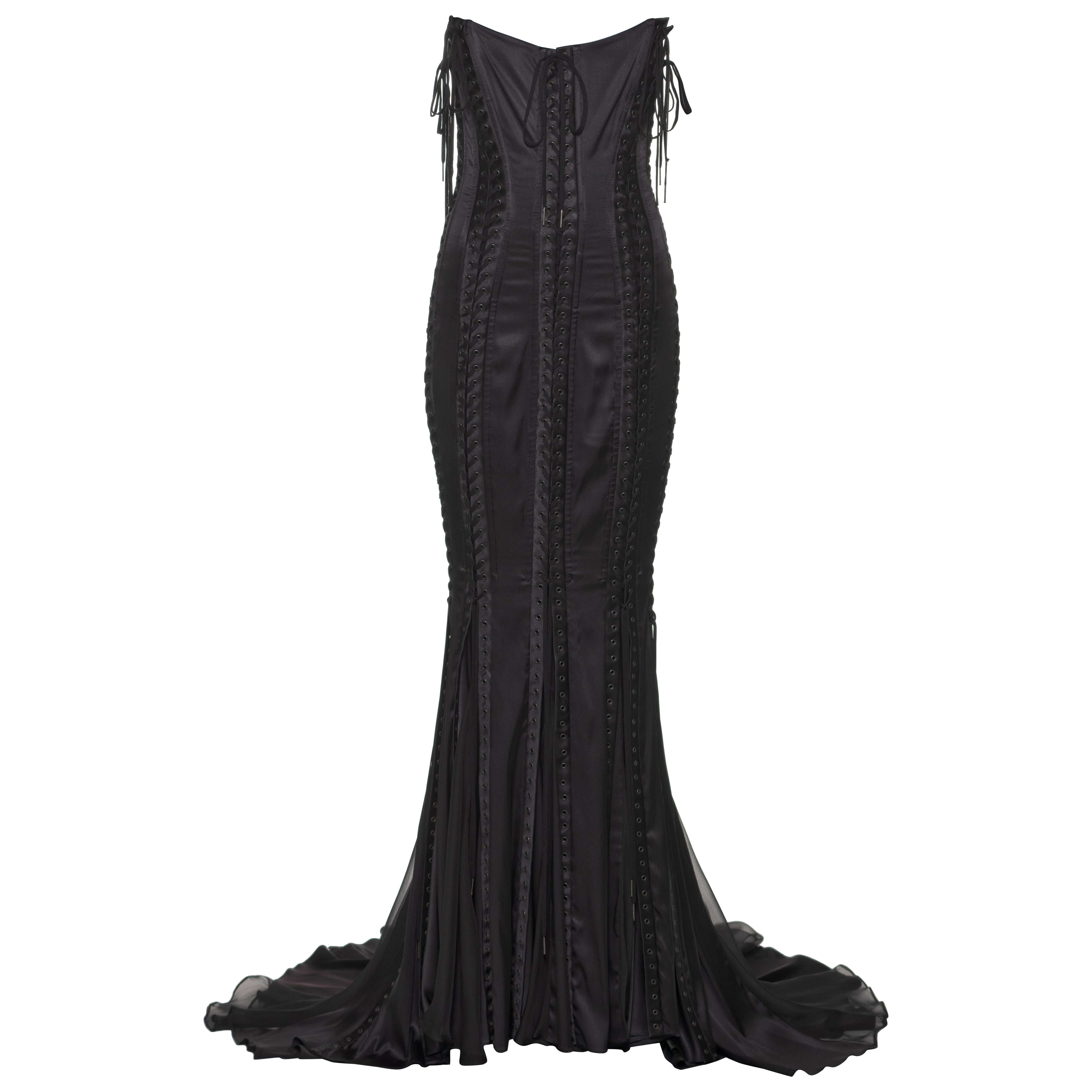 Dolce & Gabbana Black Silk Corset Evening Dress with Chiffon Train, FW 2003