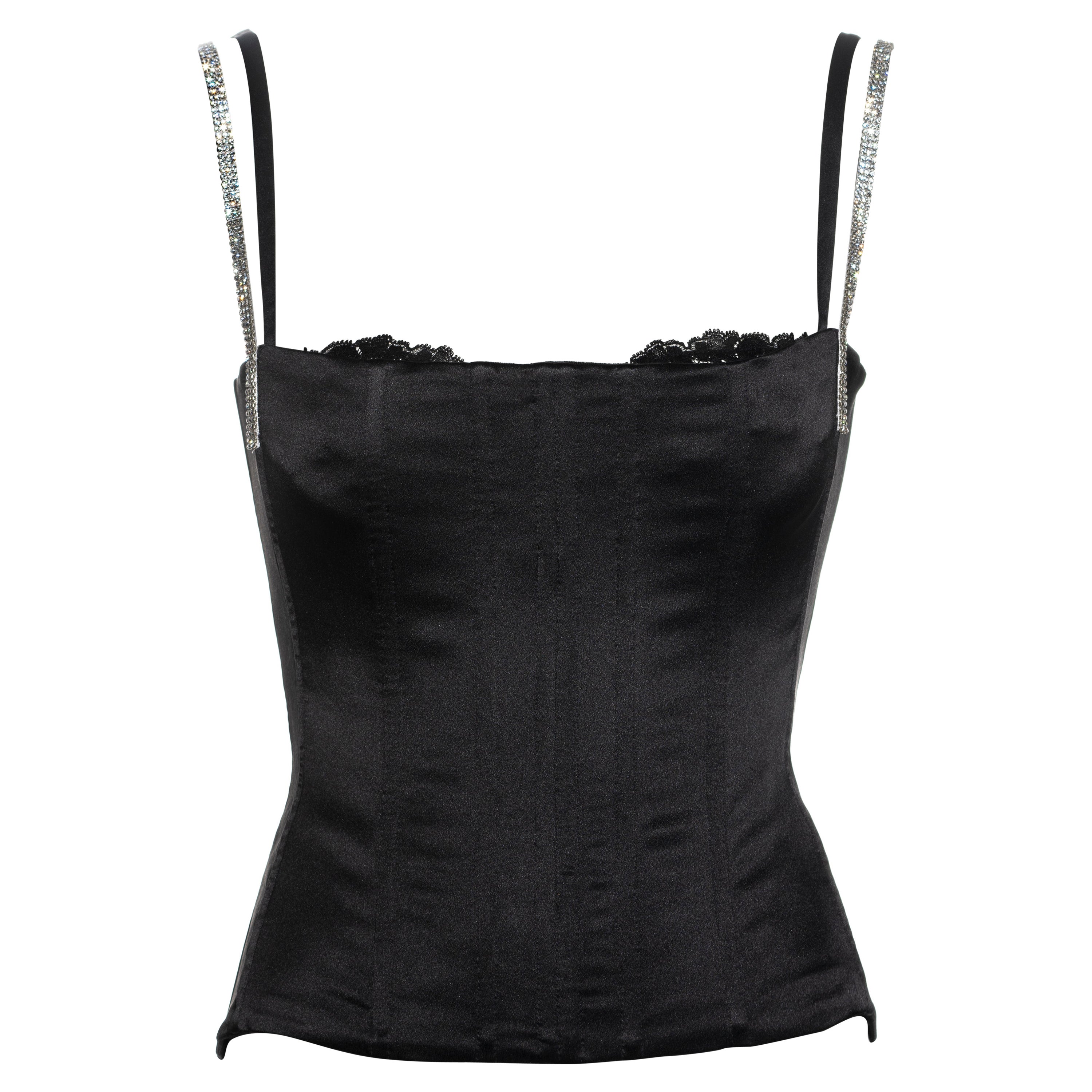 Corsé Dolce & Gabbana de seda negra con tirantes de cristal, fw 2004 en venta