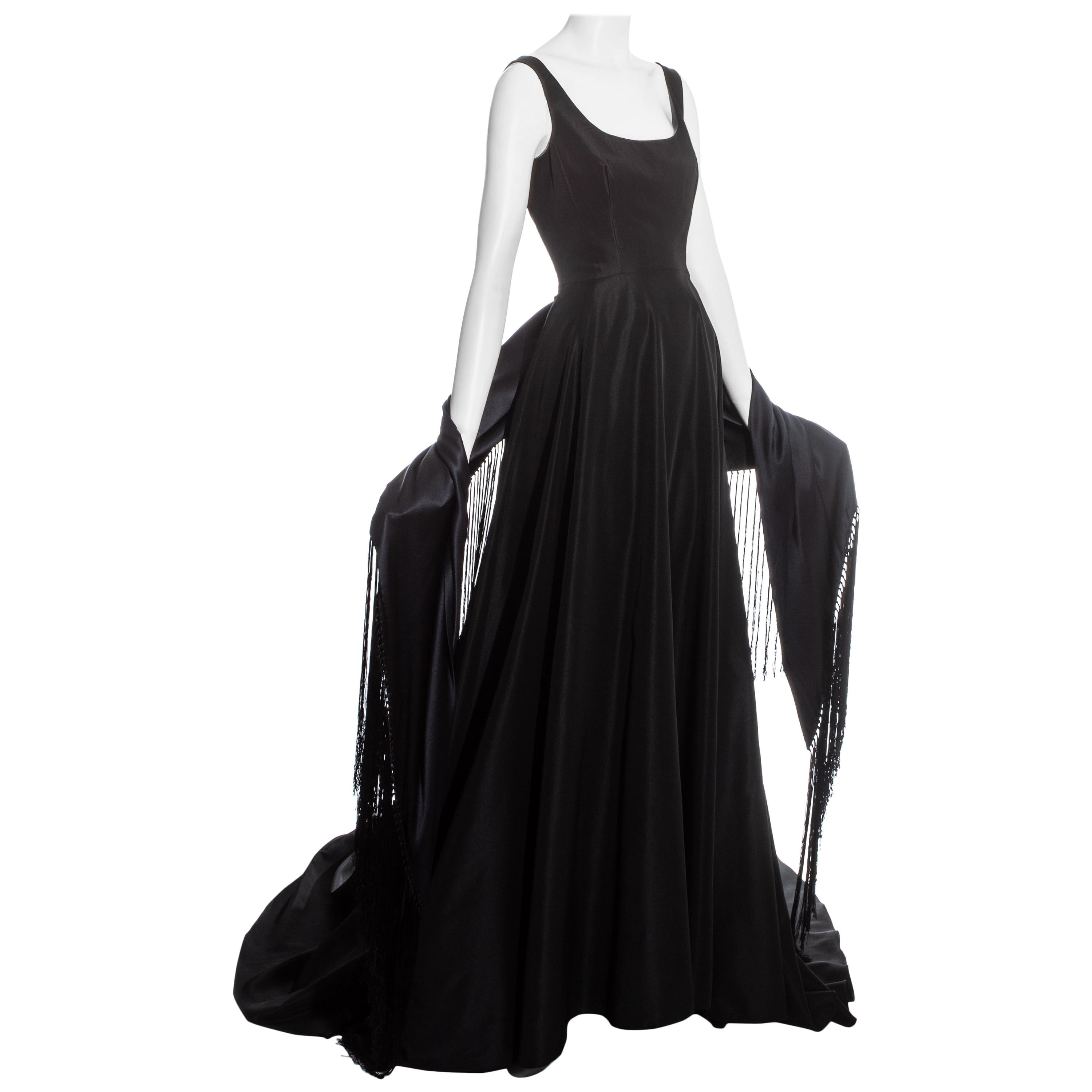 Dolce & Gabbana black evening dress with train and fringed shawl, fw 1998