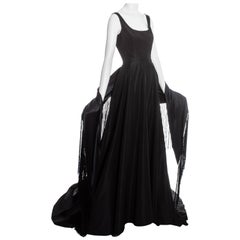 Dolce & Gabbana black silk evening dress with train and fringed shawl, fw 1998
