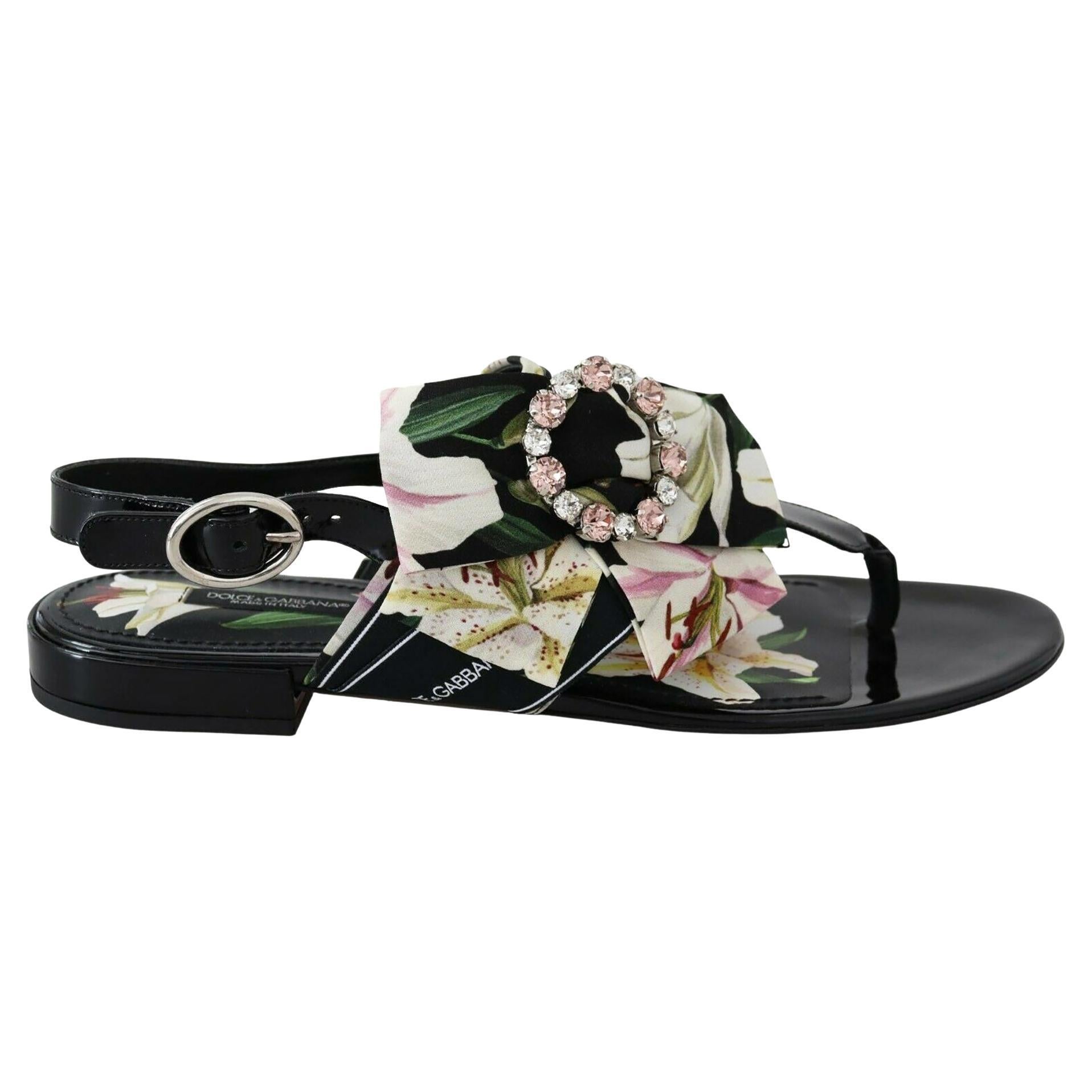 Dolce and Gabbana Black Silk Floral Lily Flats Shoes Strap Sandals Flip Flops
