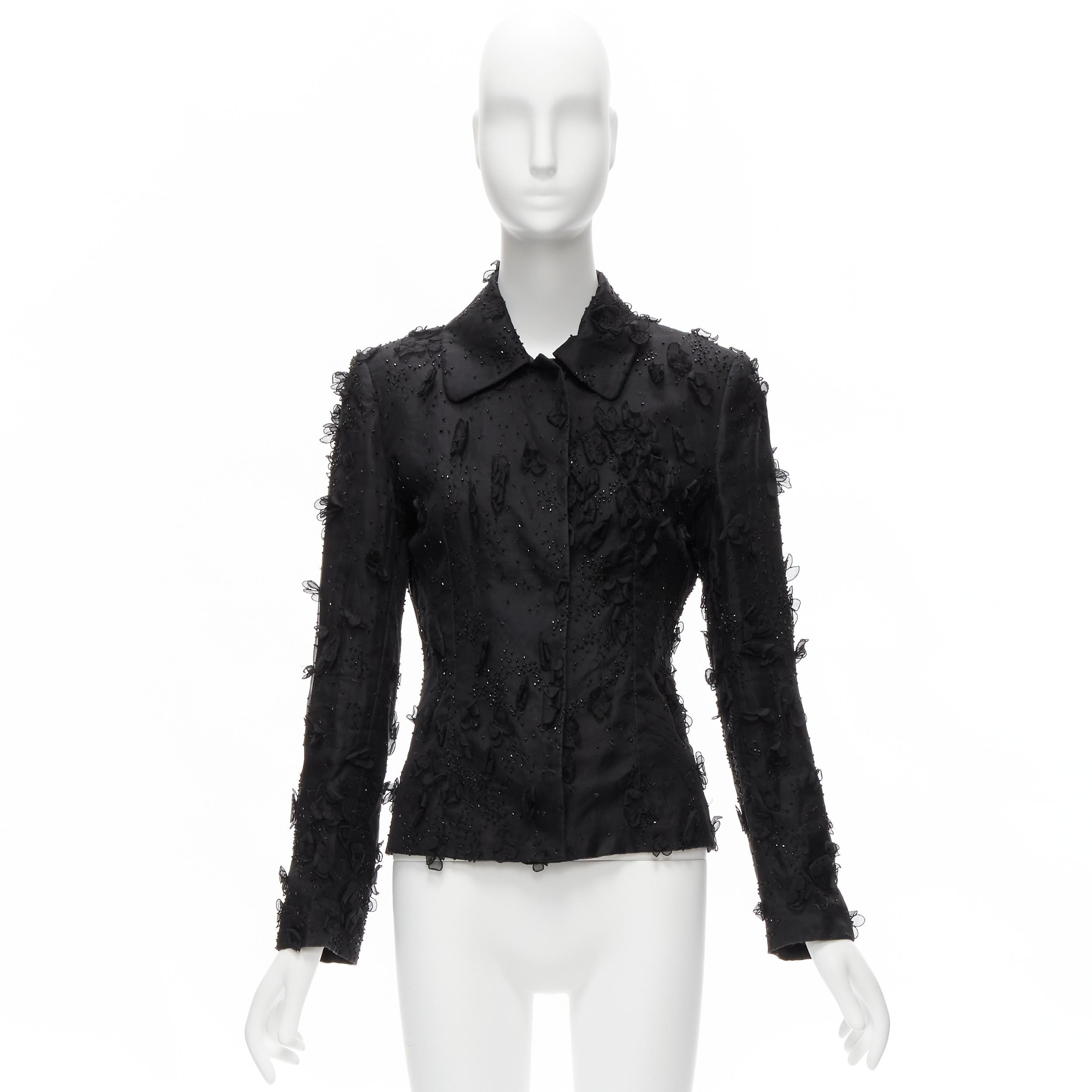 DOLCE GABBANA black silk flower petals bead embellished blazer jacket S For Sale 8