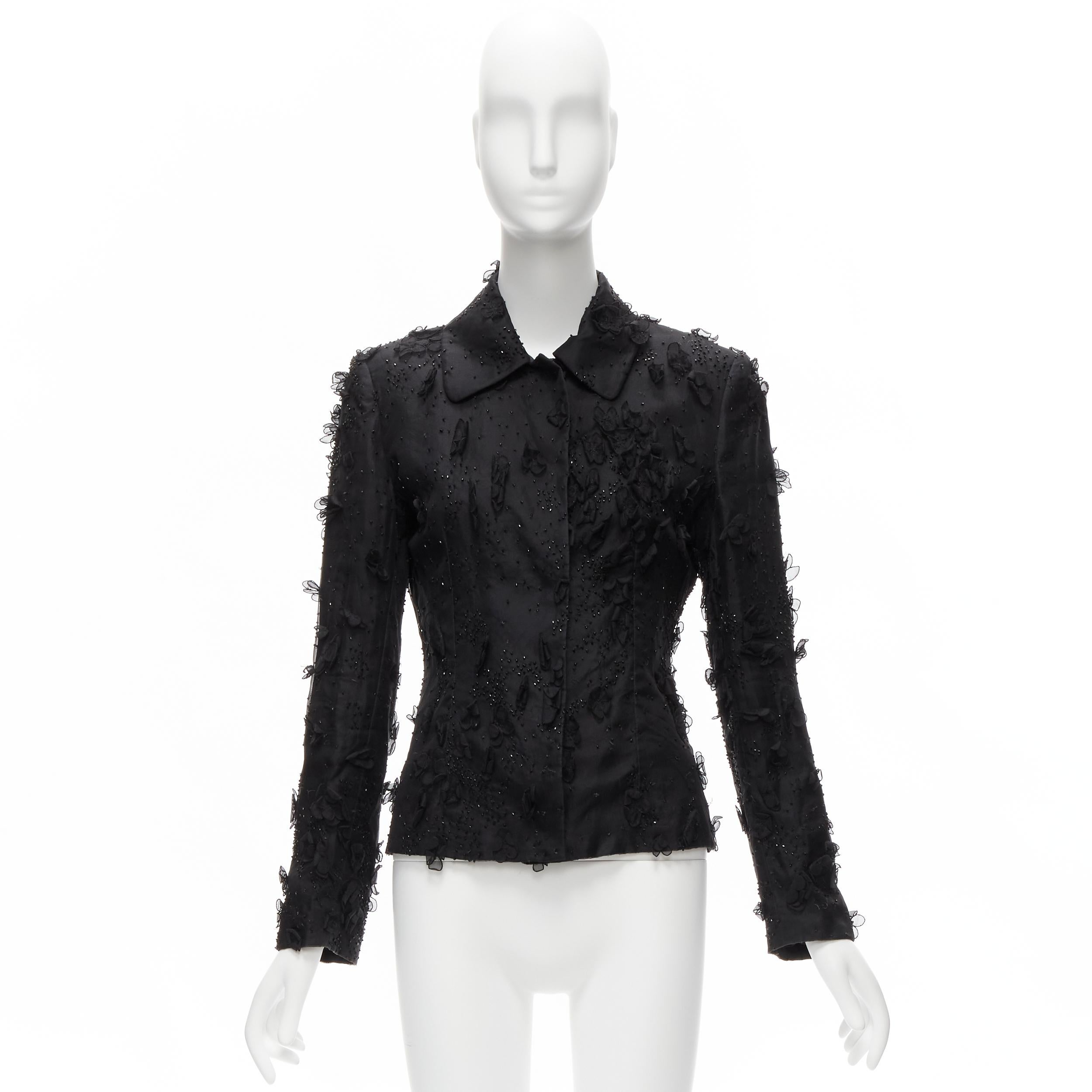 DOLCE GABBANA black silk flower petals bead embellished blazer jacket S 7