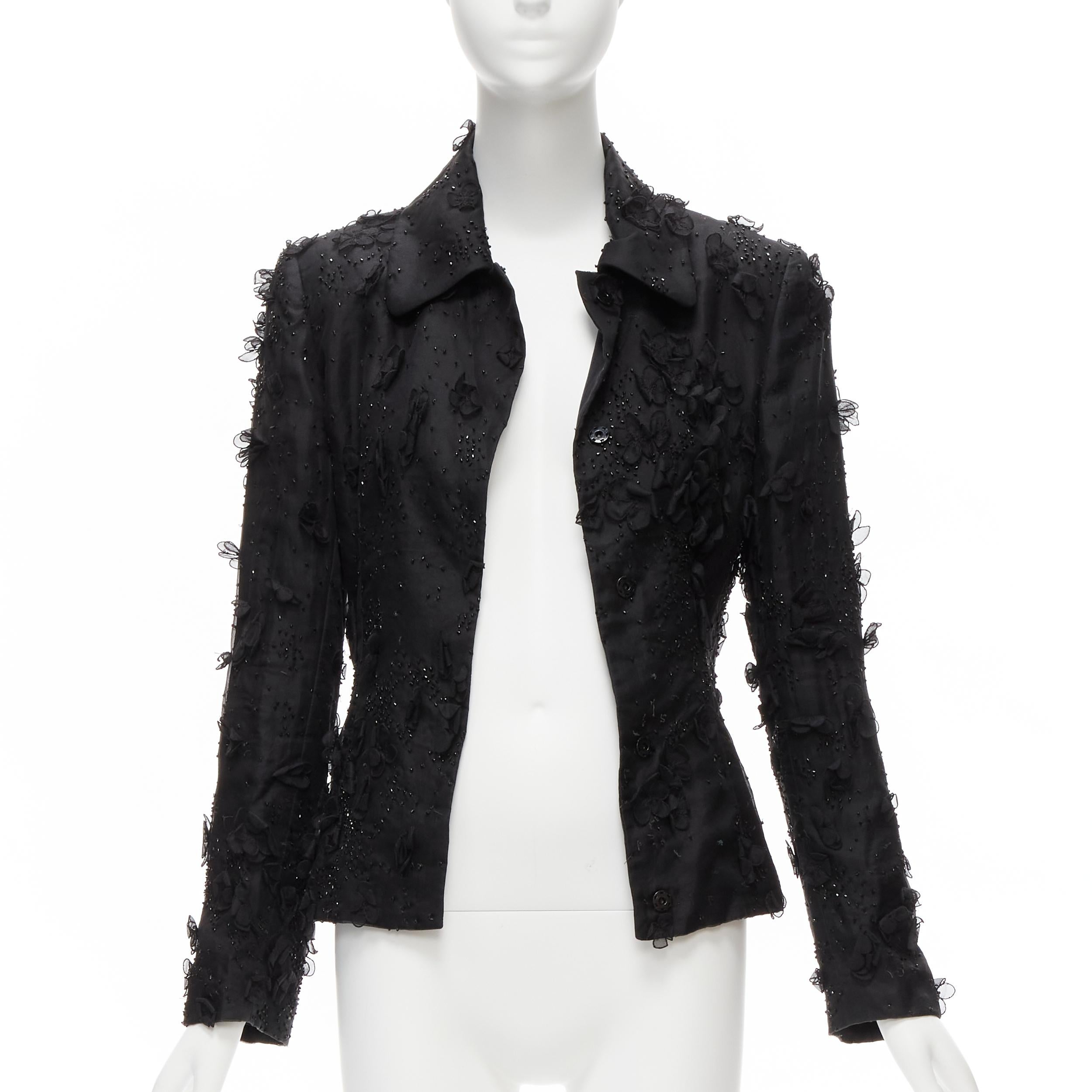 DOLCE GABBANA black silk flower petals bead embellished blazer jacket S In Good Condition For Sale In Hong Kong, NT