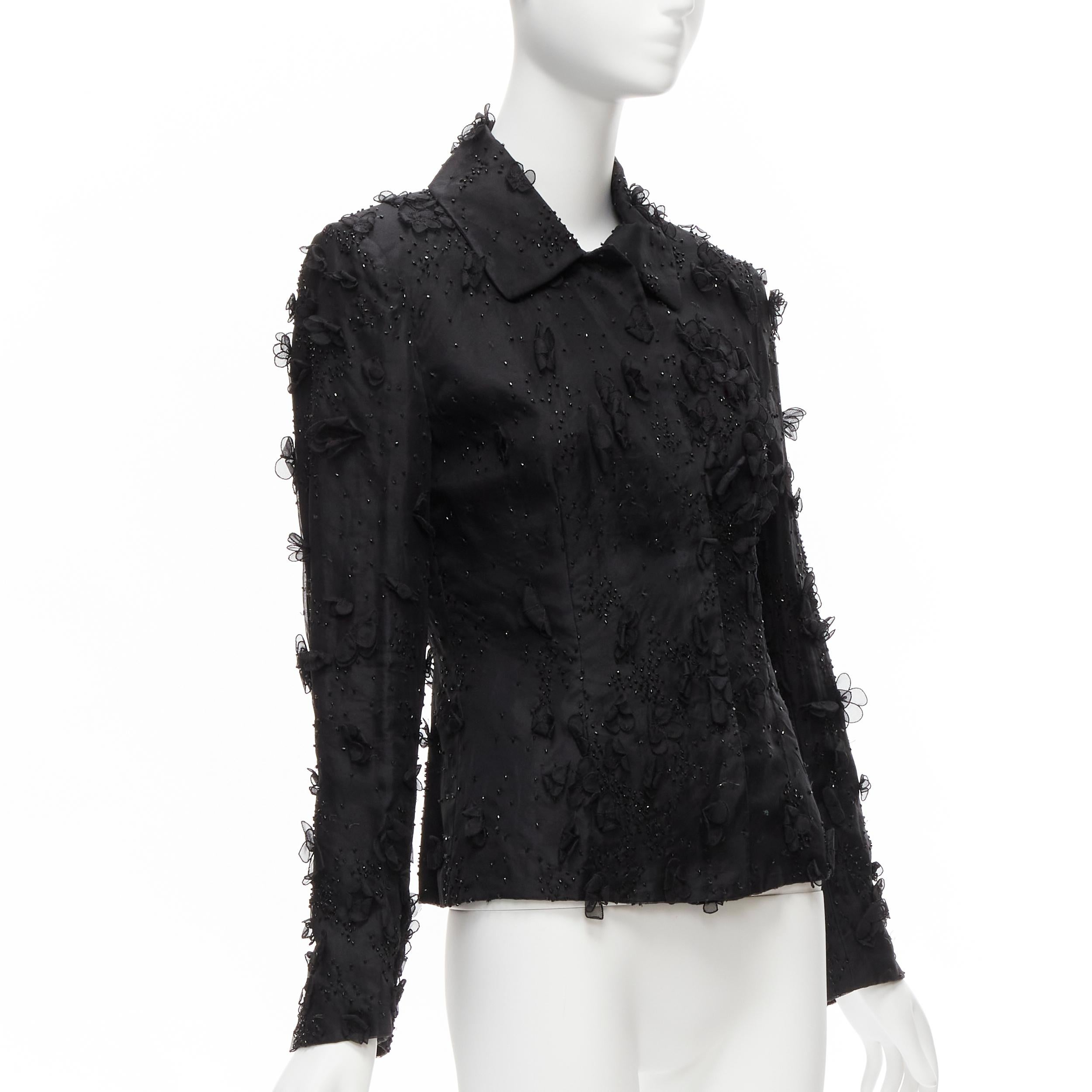 DOLCE GABBANA black silk flower petals bead embellished blazer jacket S In Good Condition In Hong Kong, NT