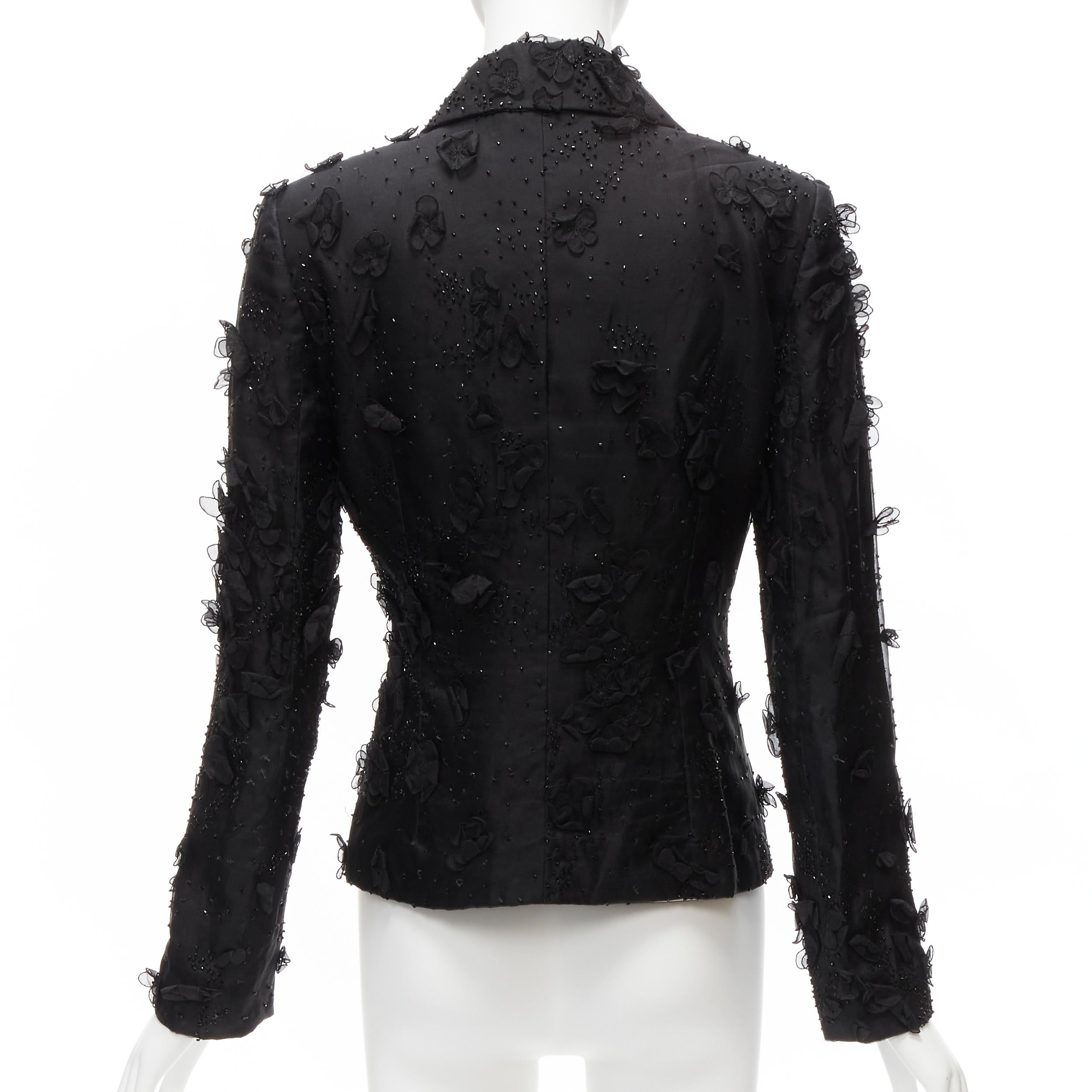 DOLCE GABBANA black silk flower petals bead embellished blazer jacket S For Sale 2