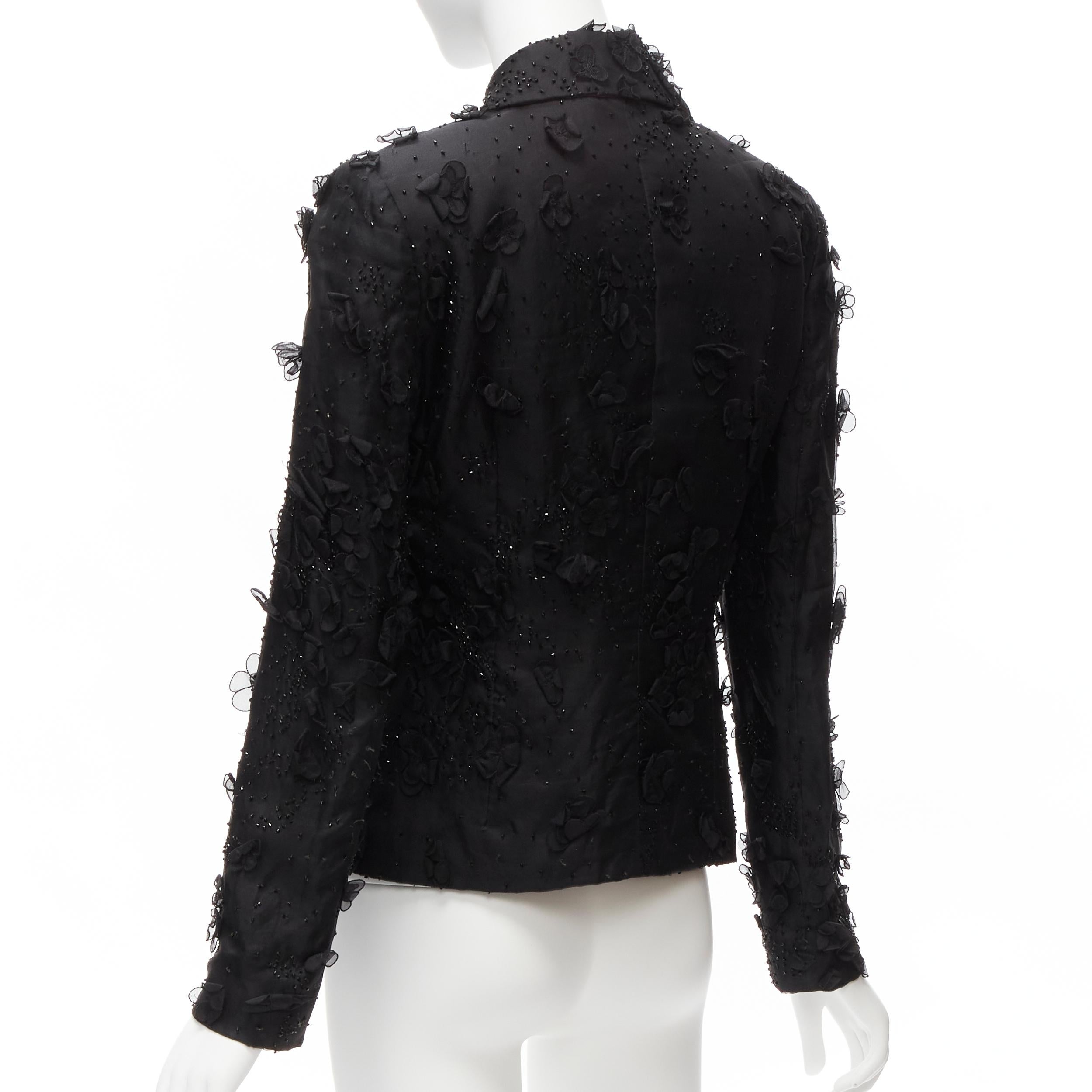 DOLCE GABBANA black silk flower petals bead embellished blazer jacket S For Sale 3