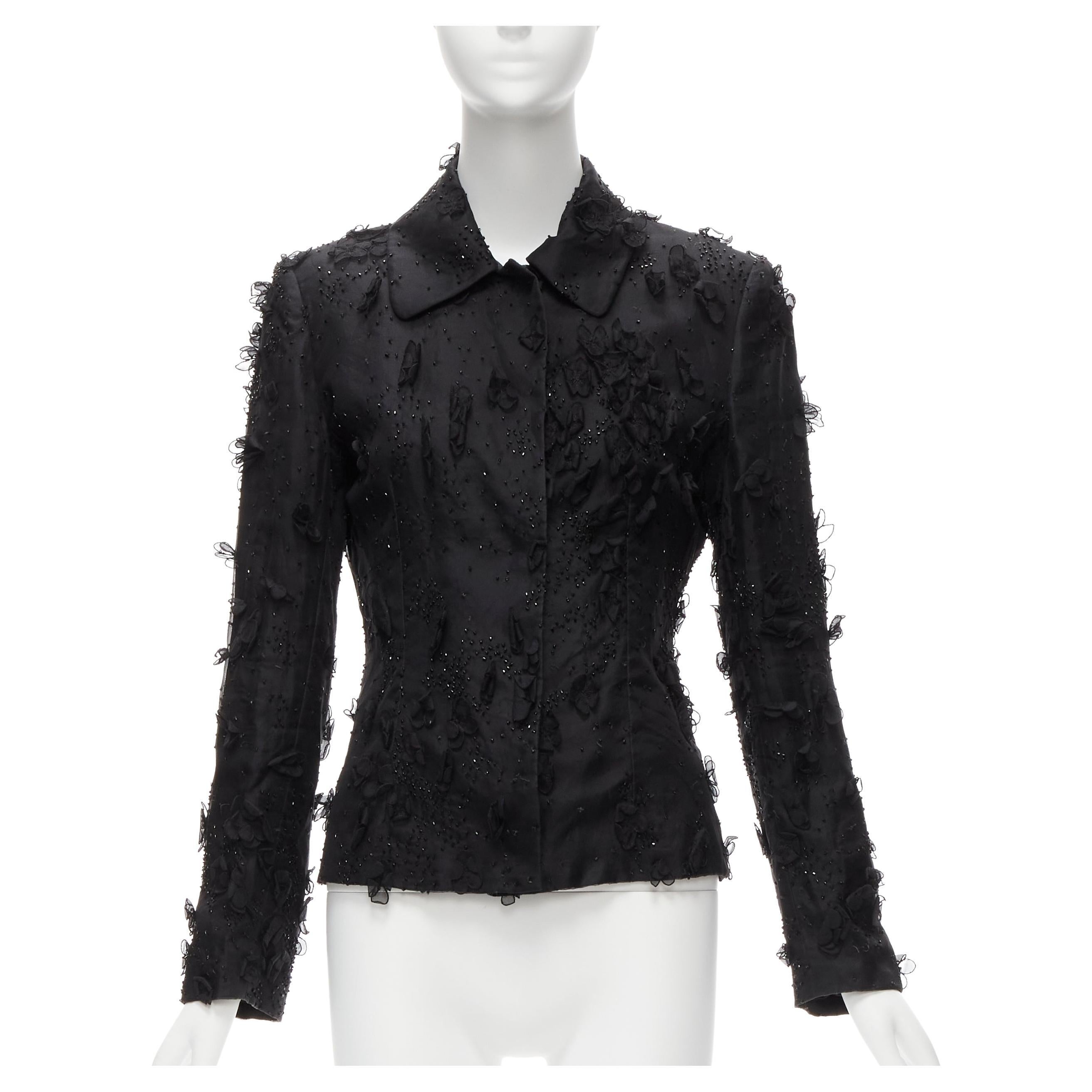 DOLCE GABBANA black silk flower petals bead embellished blazer jacket S For Sale