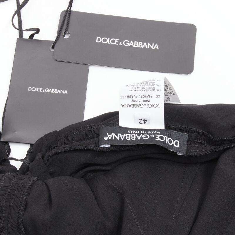 DOLCE GABBANA black silk gathered shirred lace trim cocktail dress IT42 M For Sale 5