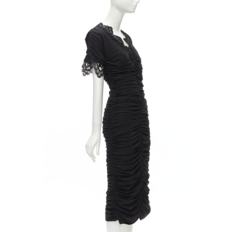 Black DOLCE GABBANA black silk gathered shirred lace trim cocktail dress IT42 M For Sale