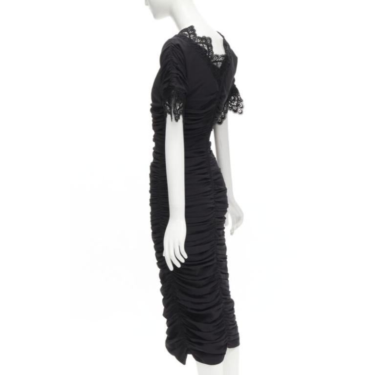 DOLCE GABBANA black silk gathered shirred lace trim cocktail dress IT42 M For Sale 1