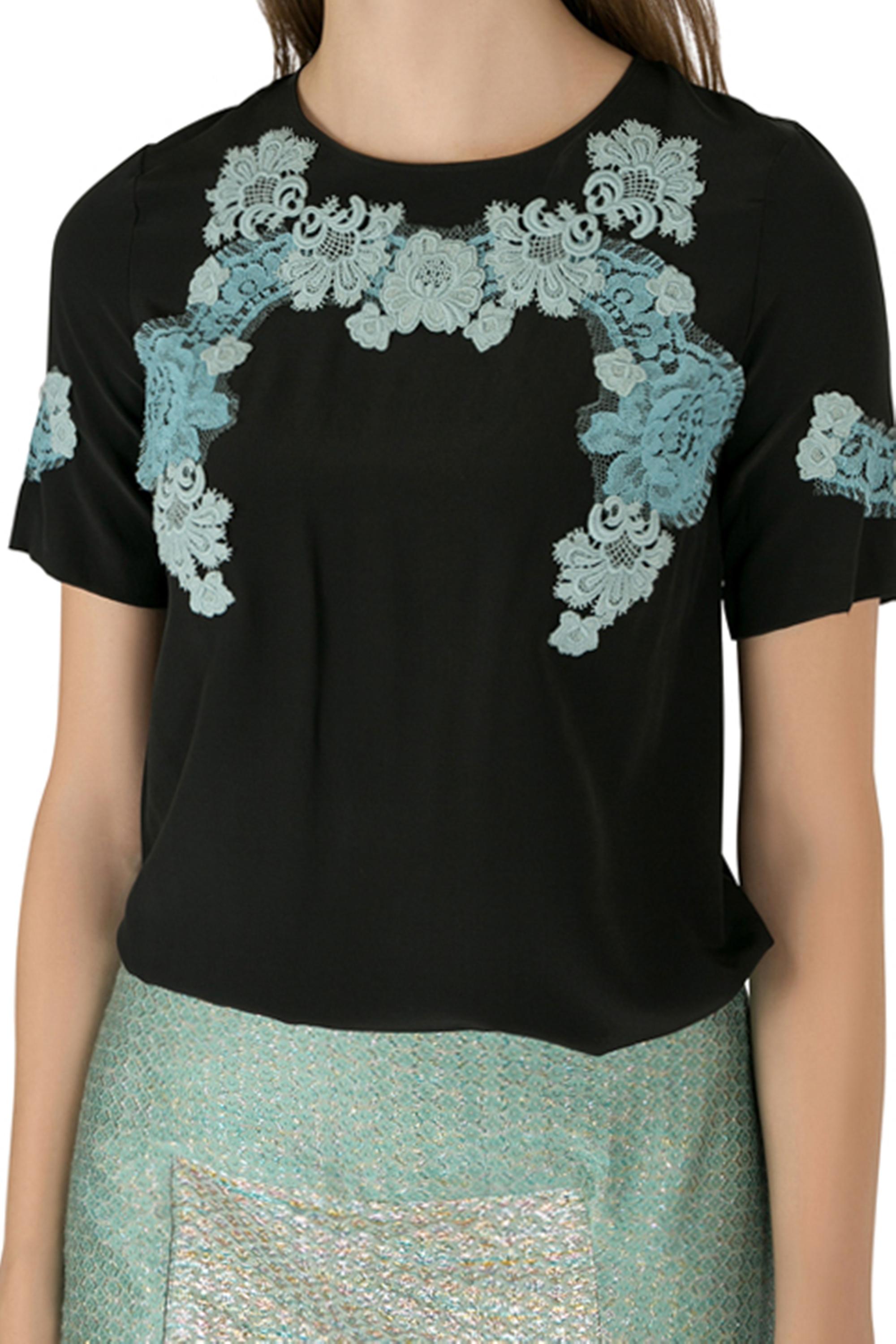 Women's Dolce & Gabbana Black Silk Lace Applique Detail Short Sleeve Blouse S