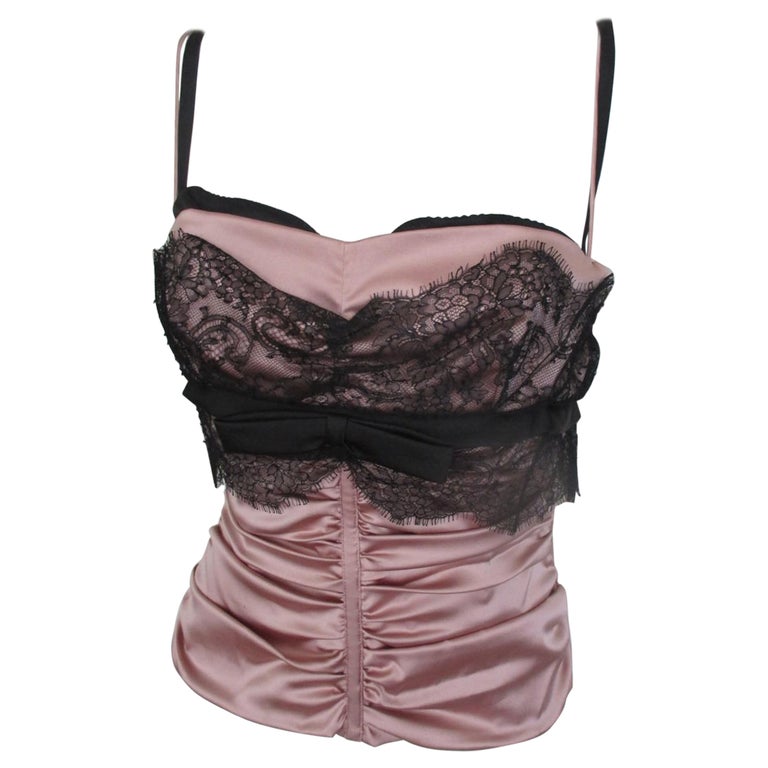 Dolce and Gabbana Black Silk Lace Corset Bustier Pink Top For Sale