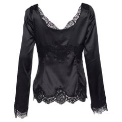 Dolce & Gabbana Black Silk & Lace Detail Plunge Neck Top M
