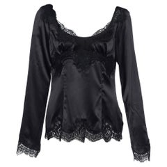 Dolce & Gabbana Black Silk & Lace Detail Plunge Neck Top M