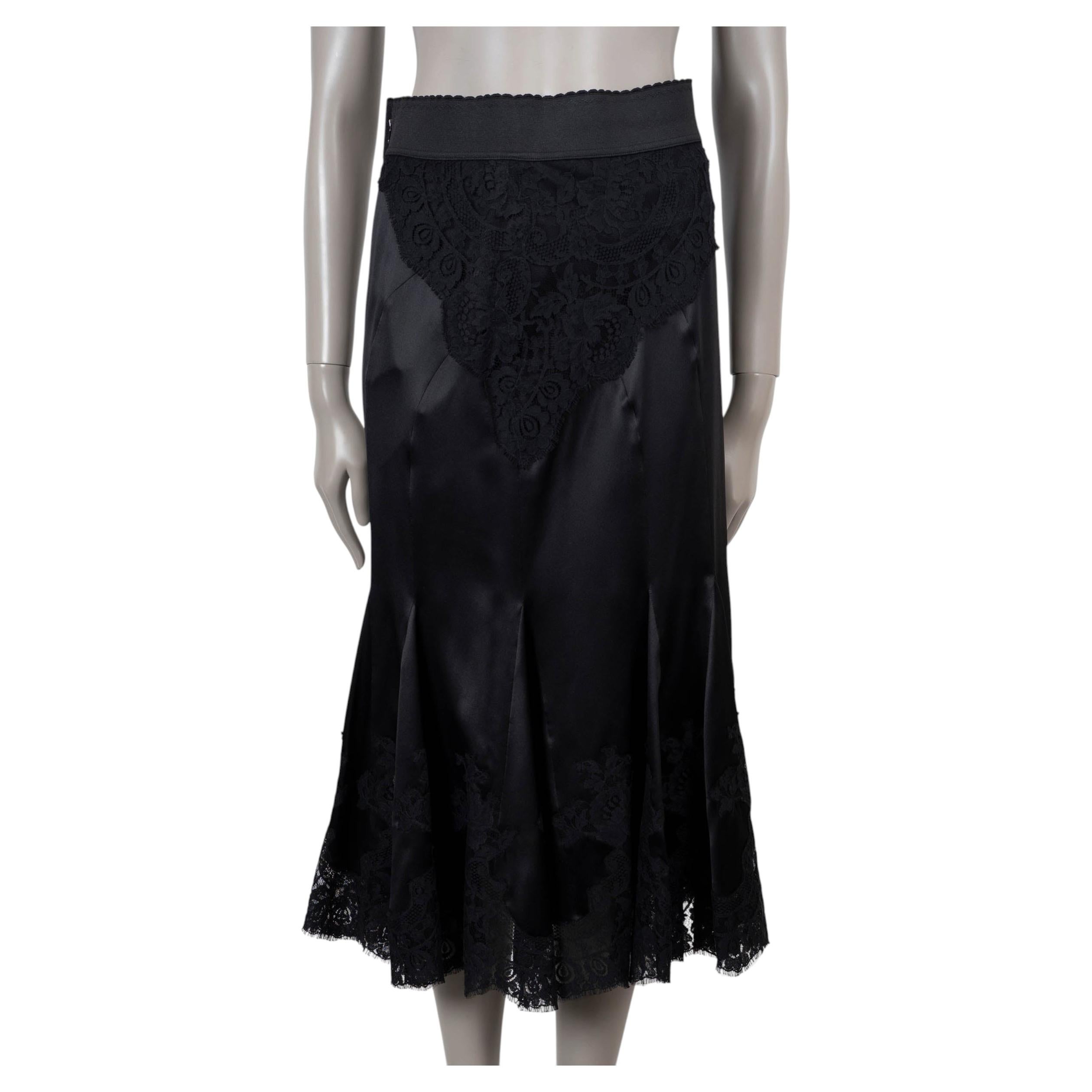 DOLCE & Gabbana - Jupe midi en satin de soie noir avec bordures en dentelle 42 M