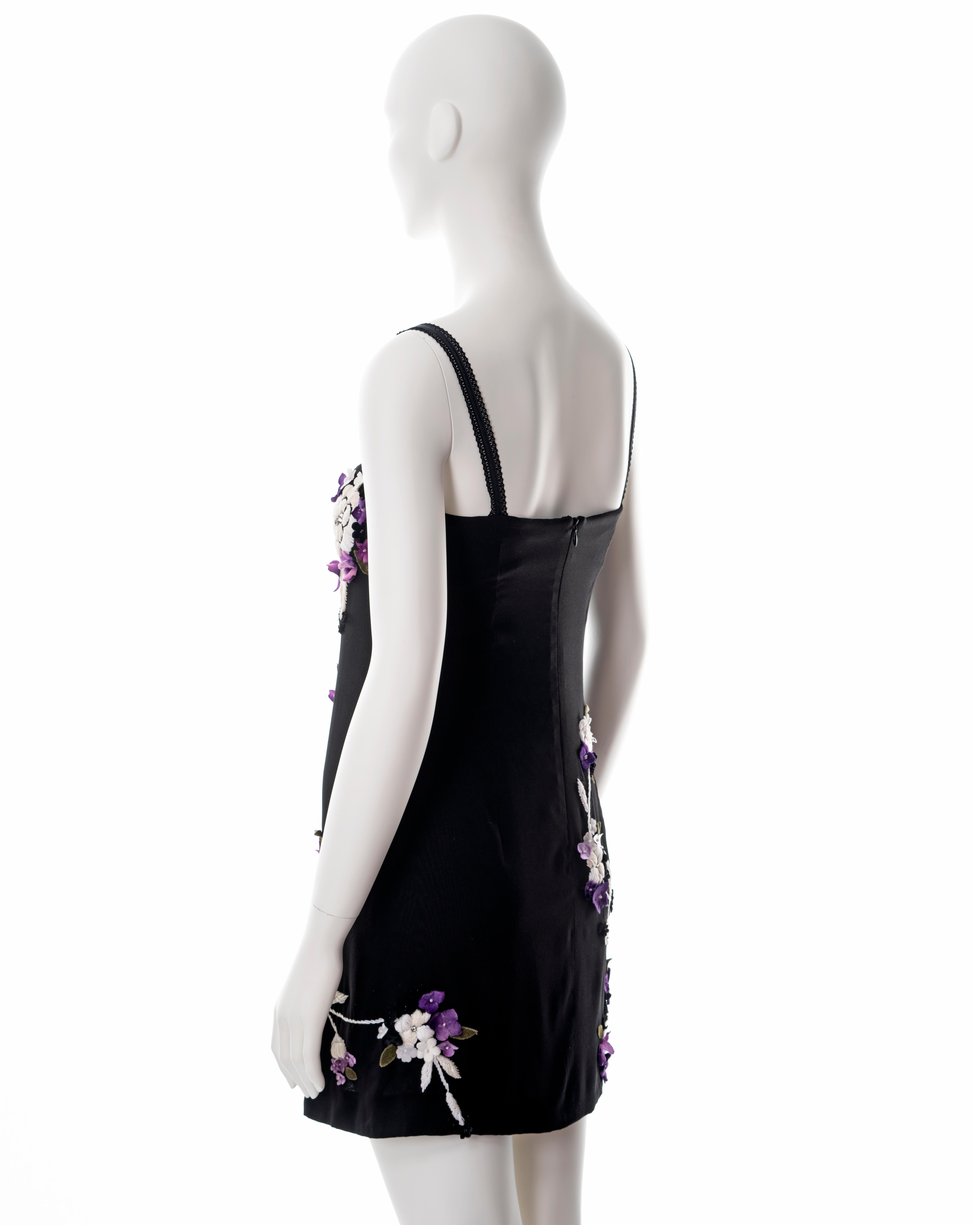 Dolce & Gabbana black silk mini dress with floral embroidery, fw 1997 For Sale 7