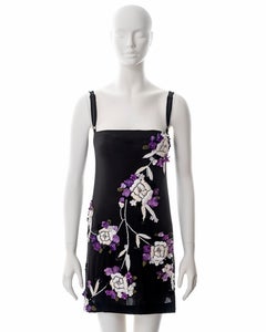 Dolce & Gabbana black silk mini dress with floral embroidery, fw 1997