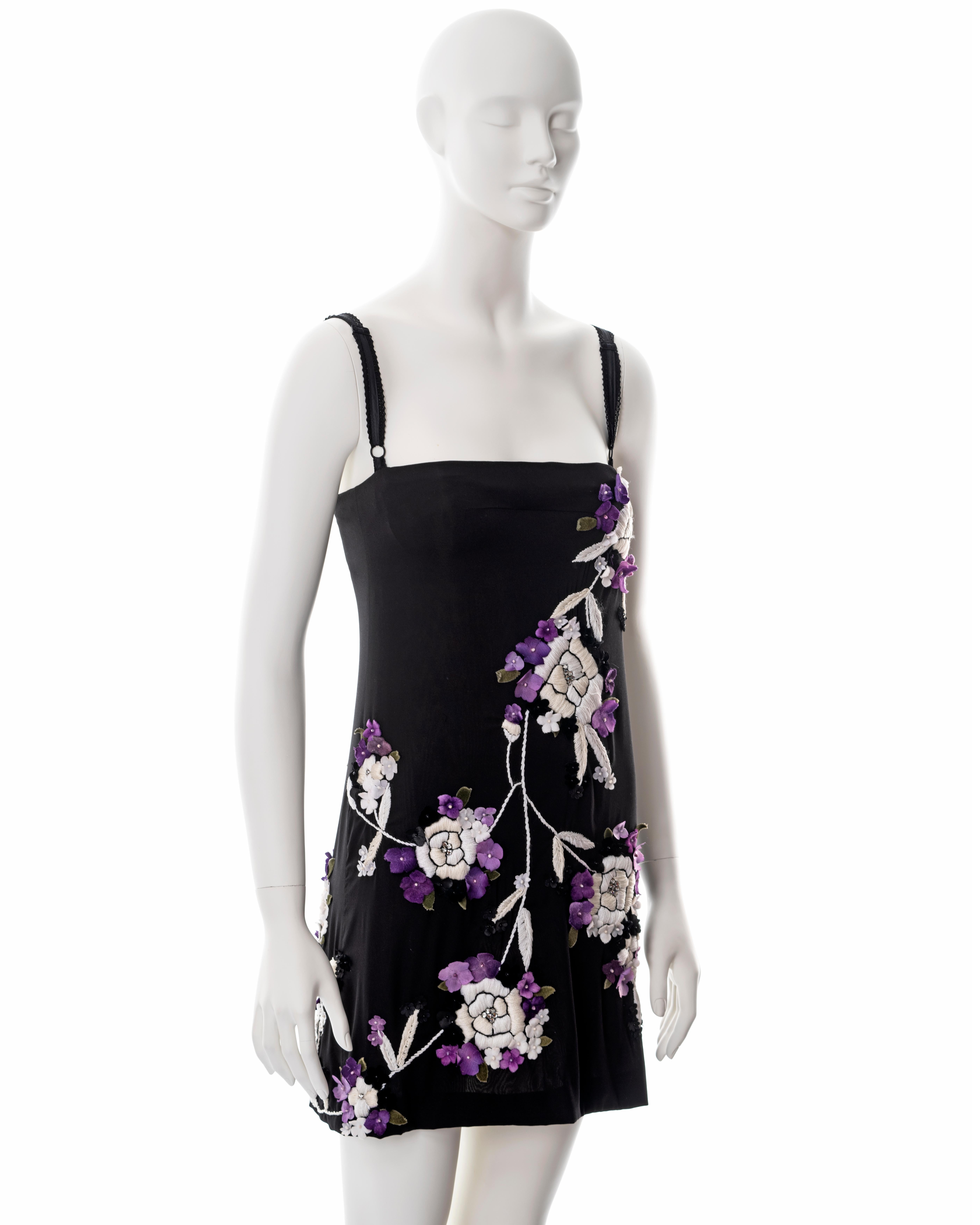 Dolce & Gabbana black silk mini dress with floral embroidery, fw 1997 For Sale 2