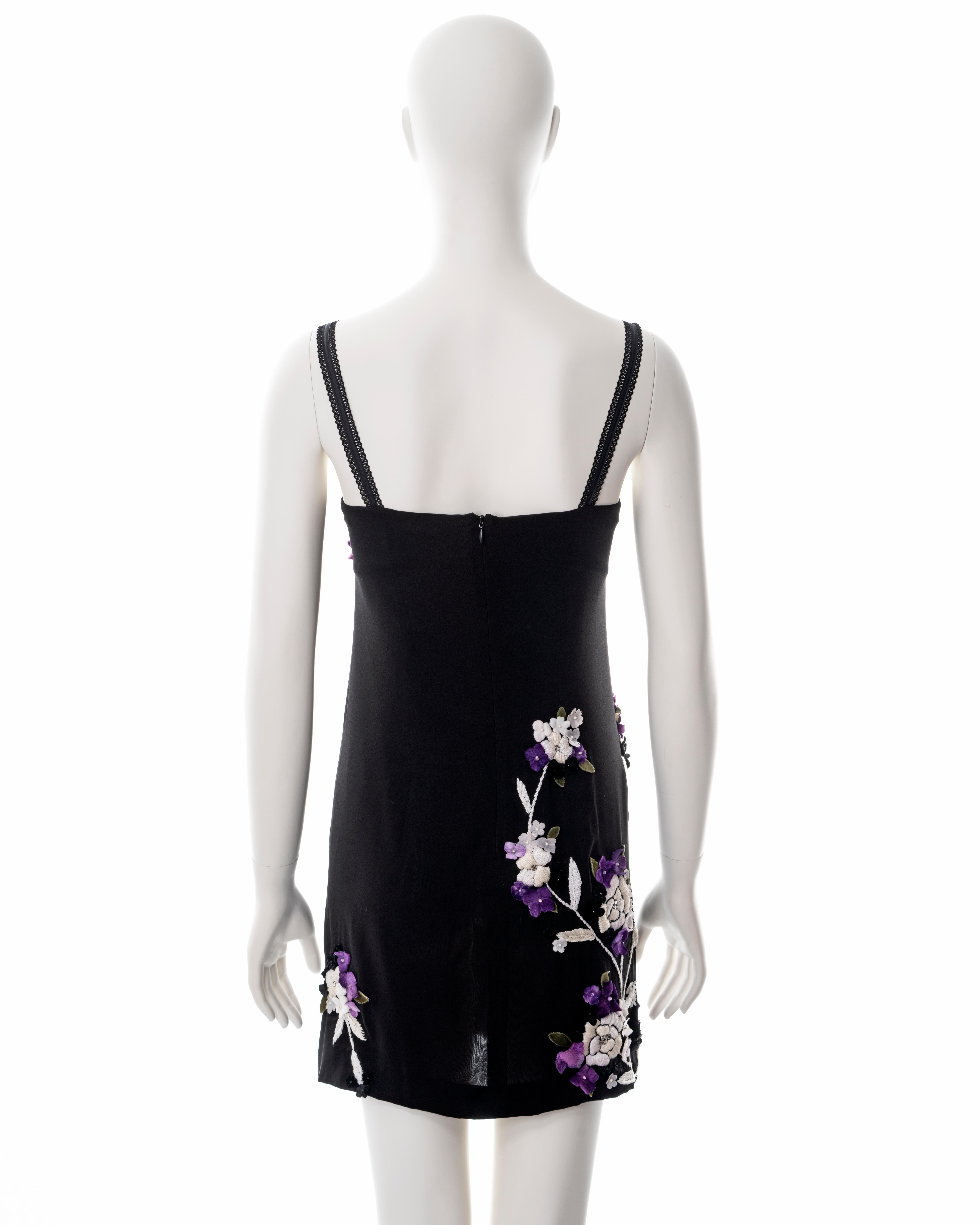 Dolce & Gabbana black silk mini dress with floral embroidery, fw 1997 For Sale 5