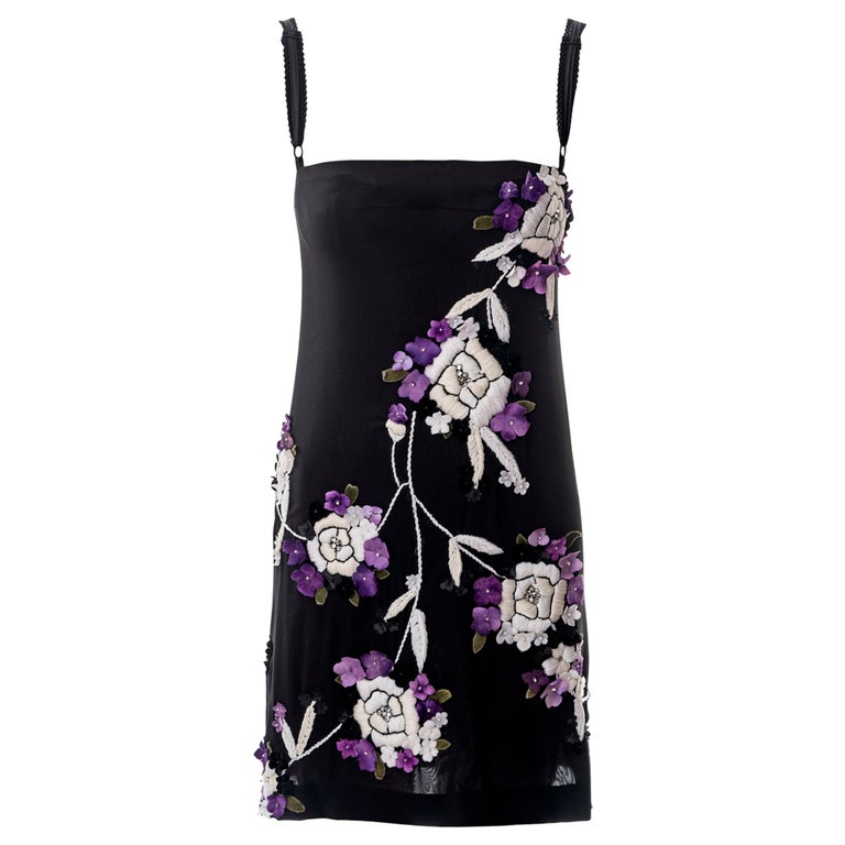 Dolce and Gabbana black silk mini dress with floral embroidery, fw 1997 For  Sale at 1stDibs