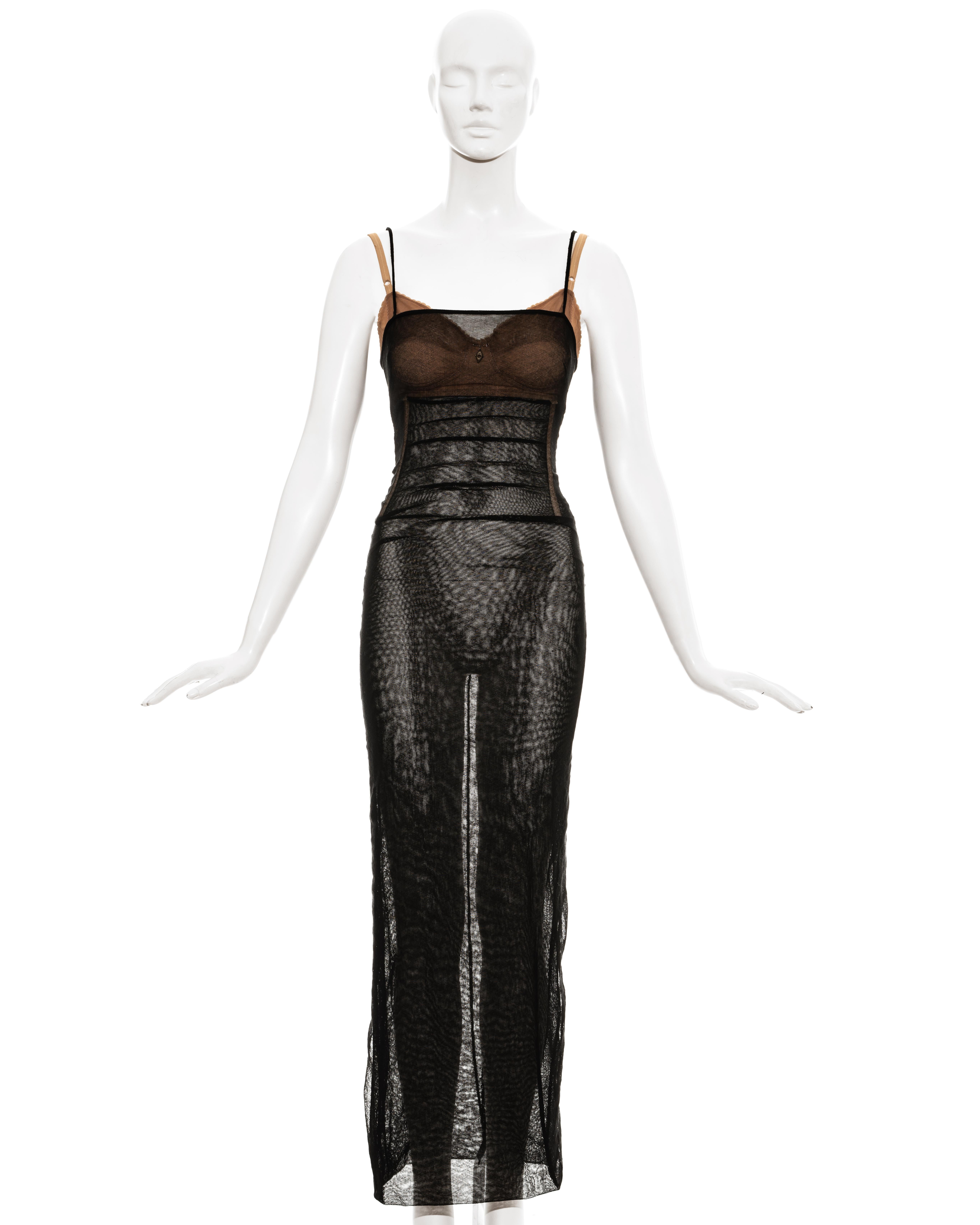 Dolce & Gabbana black silk nylon mesh corseted evening dress with built-in nude bra, ruched bodice with internal boning and back zip fastening. 

Spring-Summer 1998