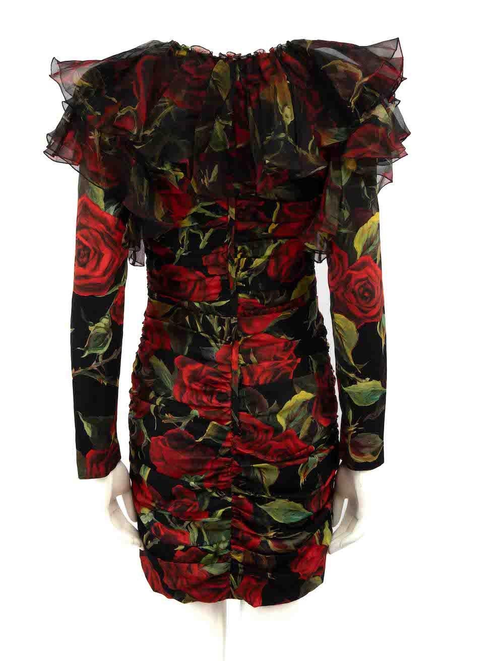 Dolce & Gabbana Black Silk Rose Print Ruched Dress Size S In Good Condition In London, GB