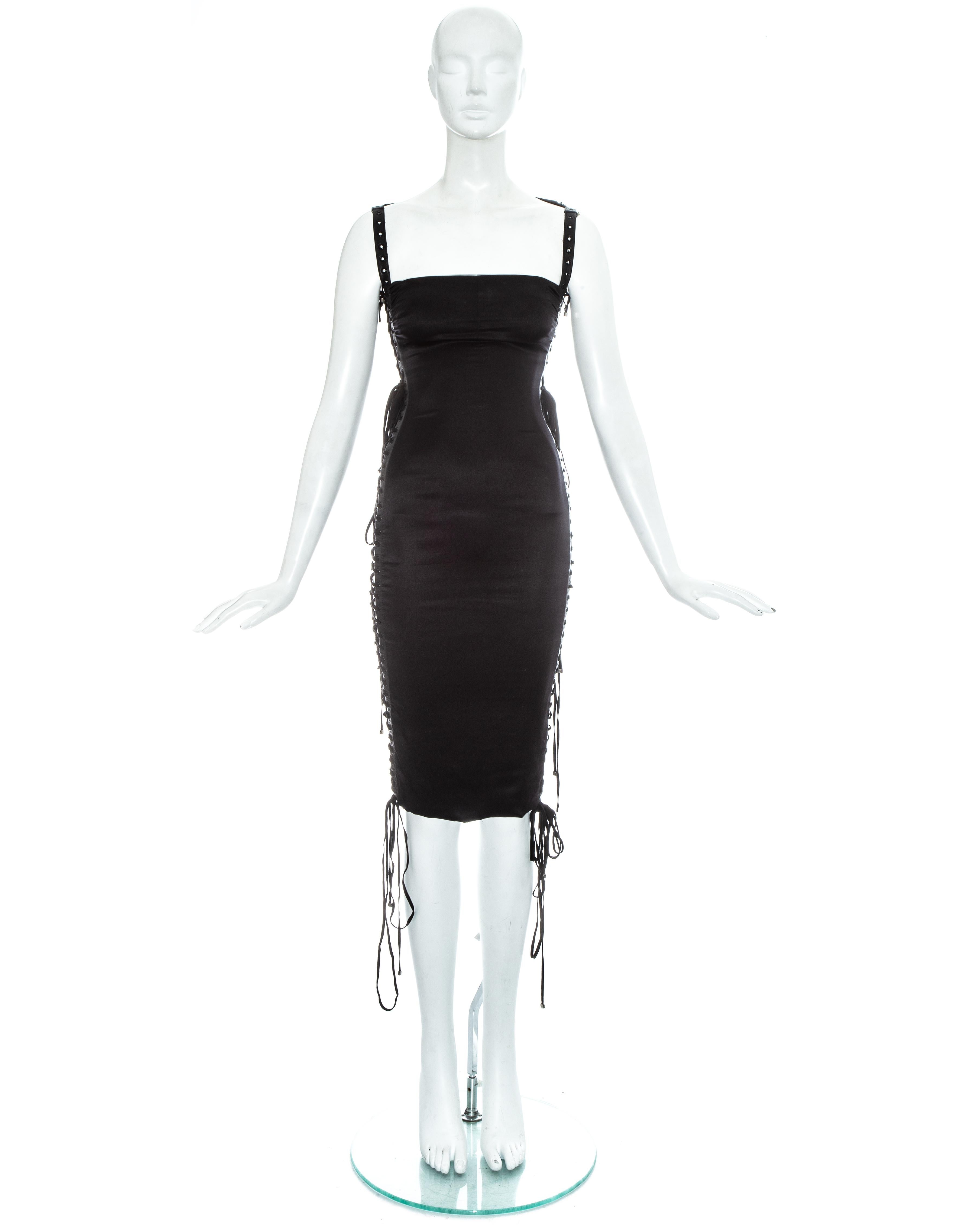 Dolce & Gabbana black silk spandex and leather lace up dress, ss 2003 In Good Condition For Sale In London, GB