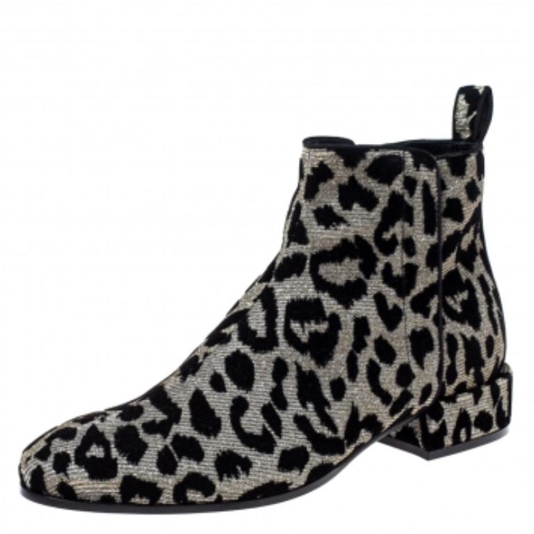 Dolce & Gabbana Black/Silver  Animal Print Lurex and Velvet Ankle Boots Size 36 For Sale 1