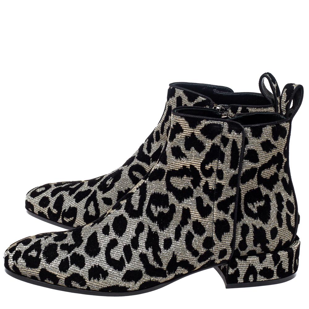 Dolce & Gabbana Black/Silver Animal Print Lurex and Velvet Ankle Boots Size 36 For Sale 1