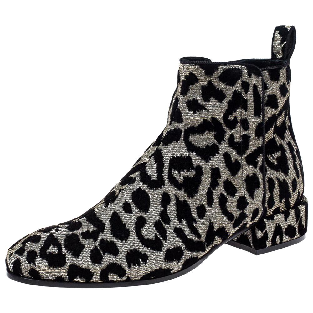 Dolce & Gabbana Black/Silver Animal Print Lurex and Velvet Ankle Boots Size 36 For Sale