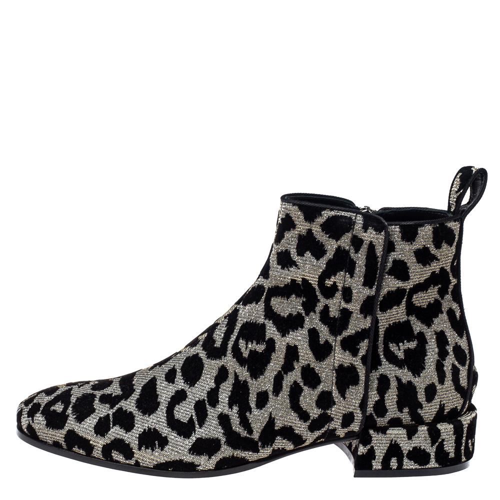Dolce & Gabbana Black/Silver Animal Print Lurex and Velvet Ankle Boots Size 39 For Sale 1