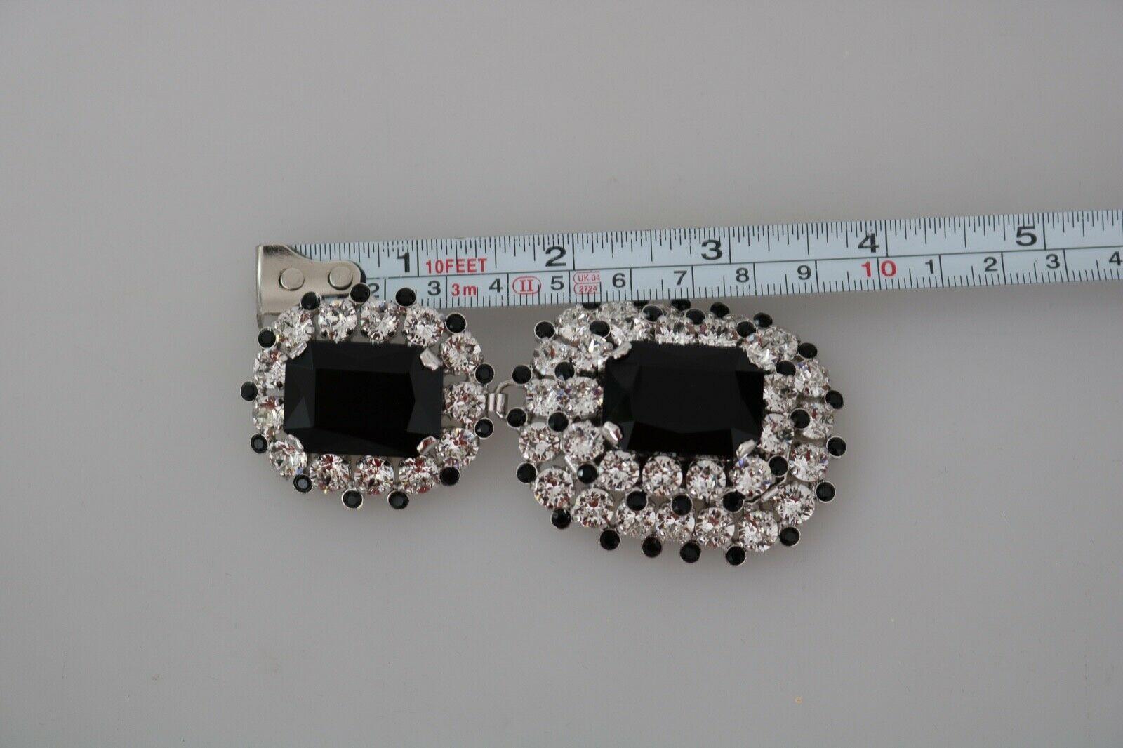 Modern Dolce & Gabbana Black Silver Brass Crystal Drop Clip-on Earrings Logo details