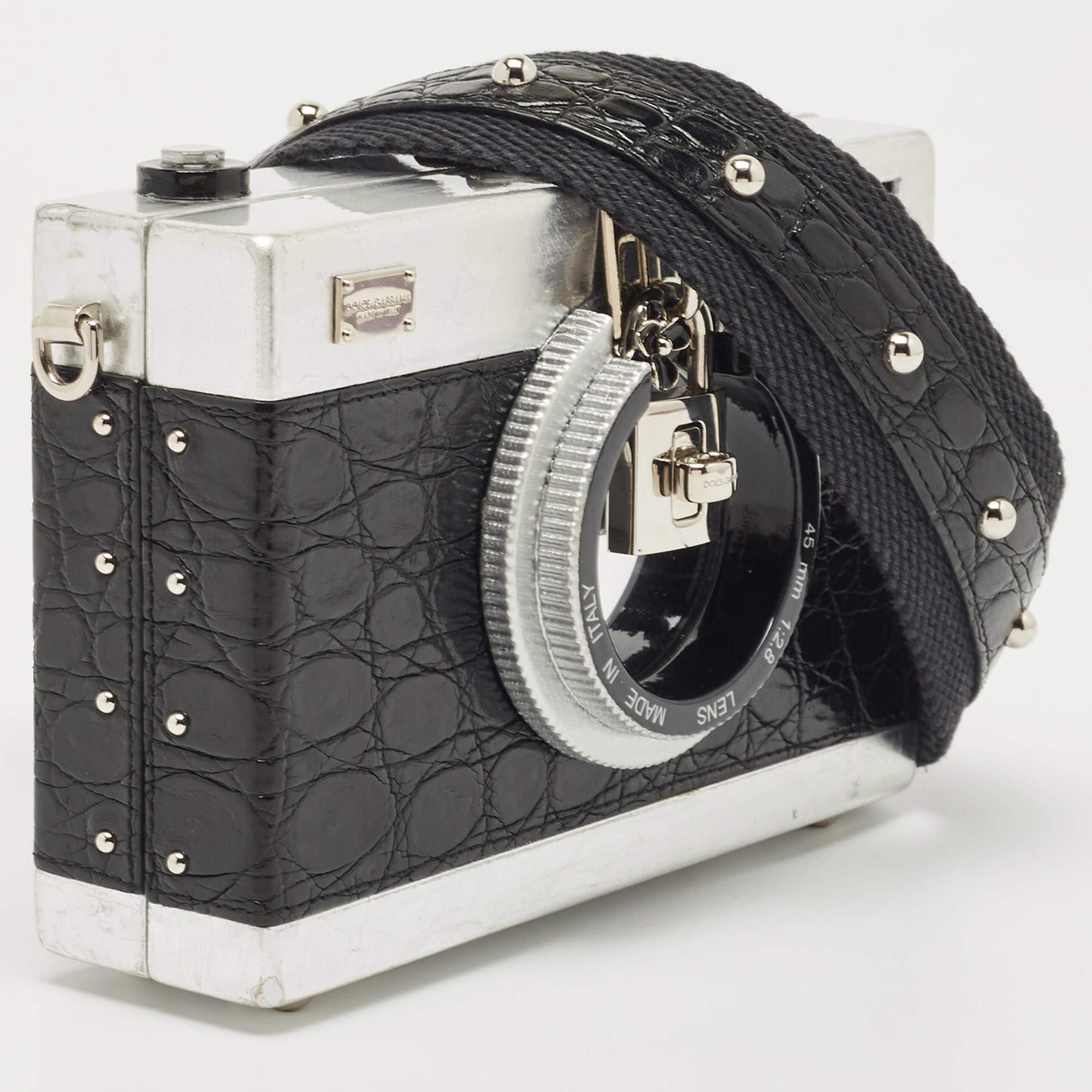 Dolce & Gabbana Black/Silver Croc Embossed and Leather Camera Case Shoulder Bag 6