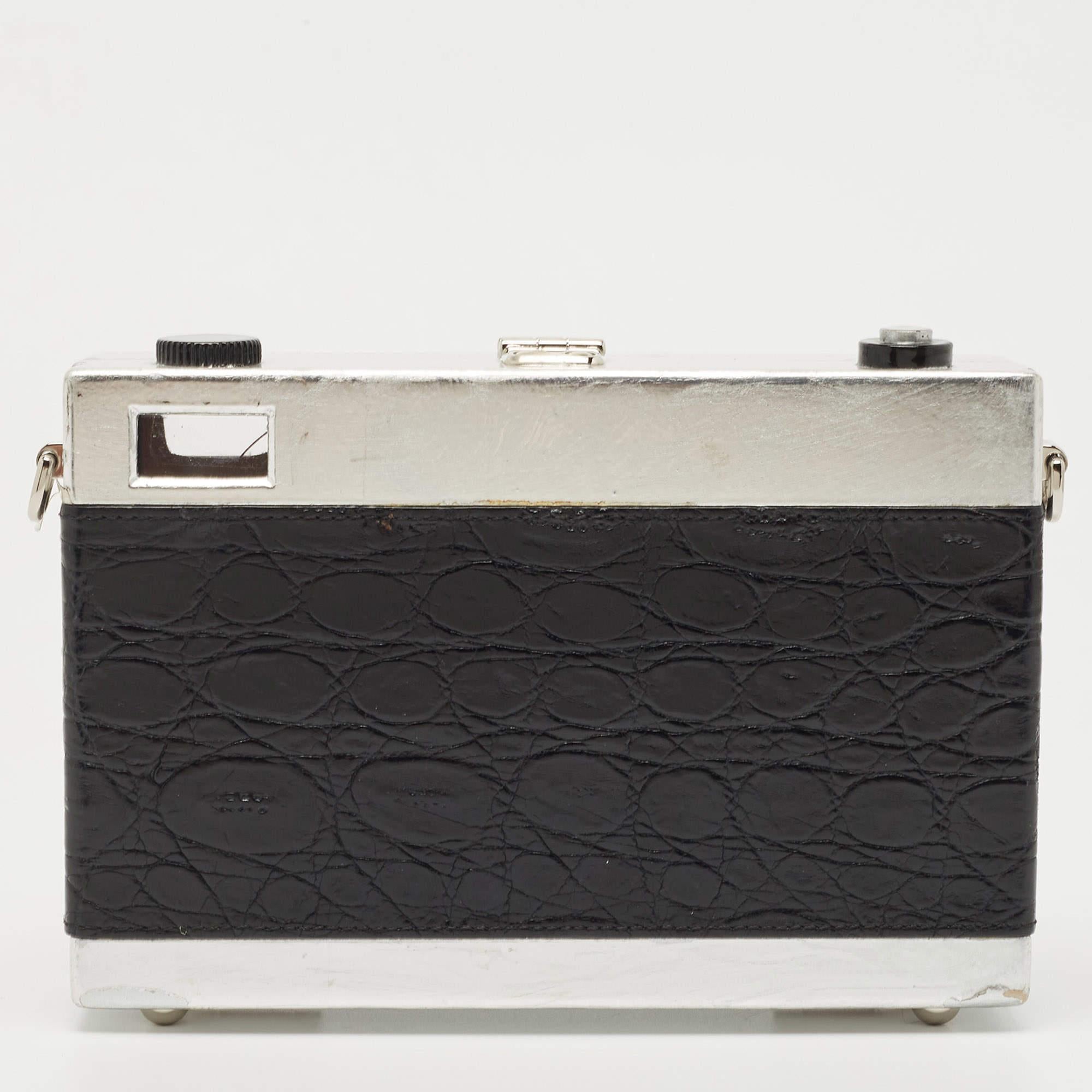 Dolce & Gabbana Black/Silver Croc Embossed and Leather Camera Case Shoulder Bag 13