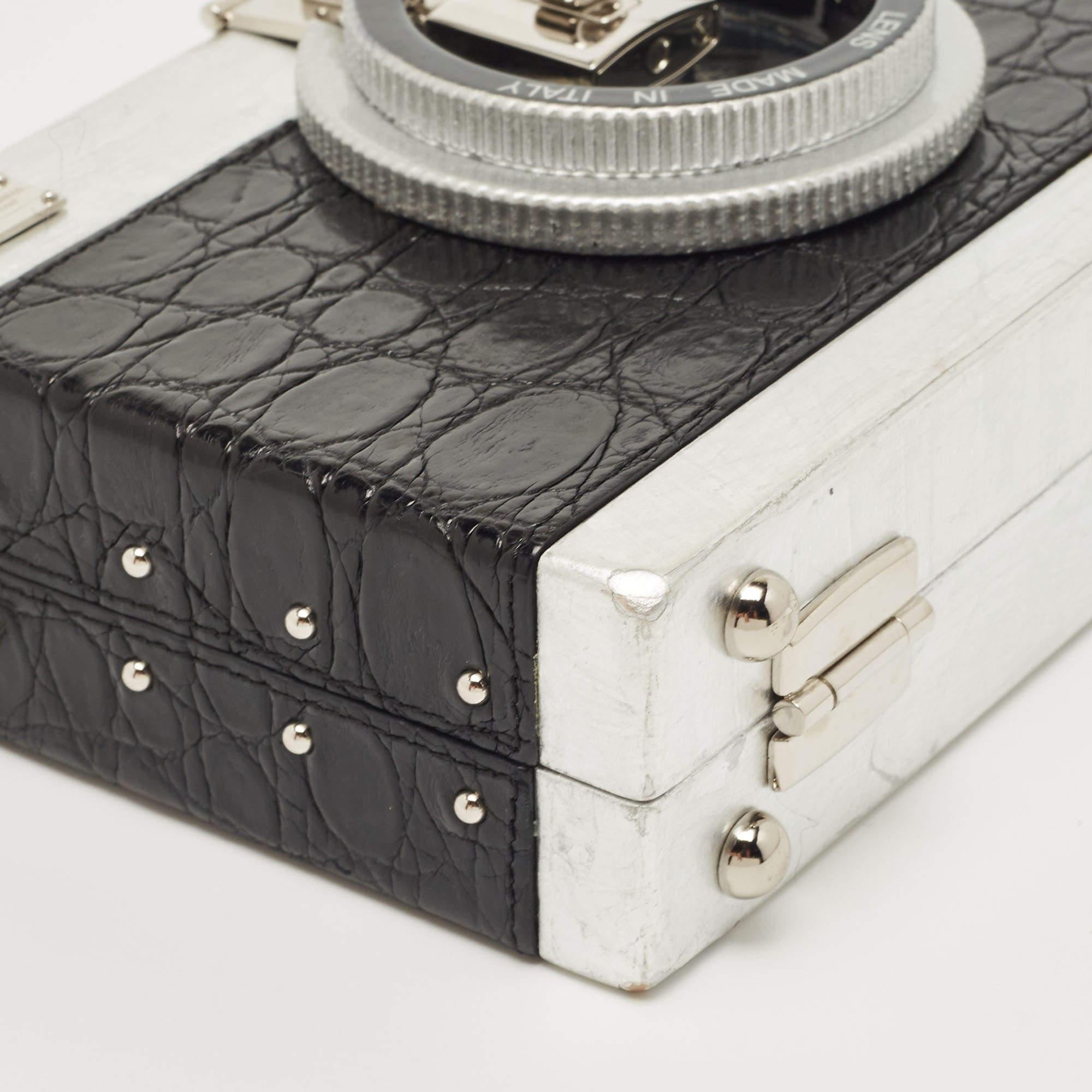 Women's Dolce & Gabbana Black/Silver Croc Embossed and Leather Camera Case Shoulder Bag