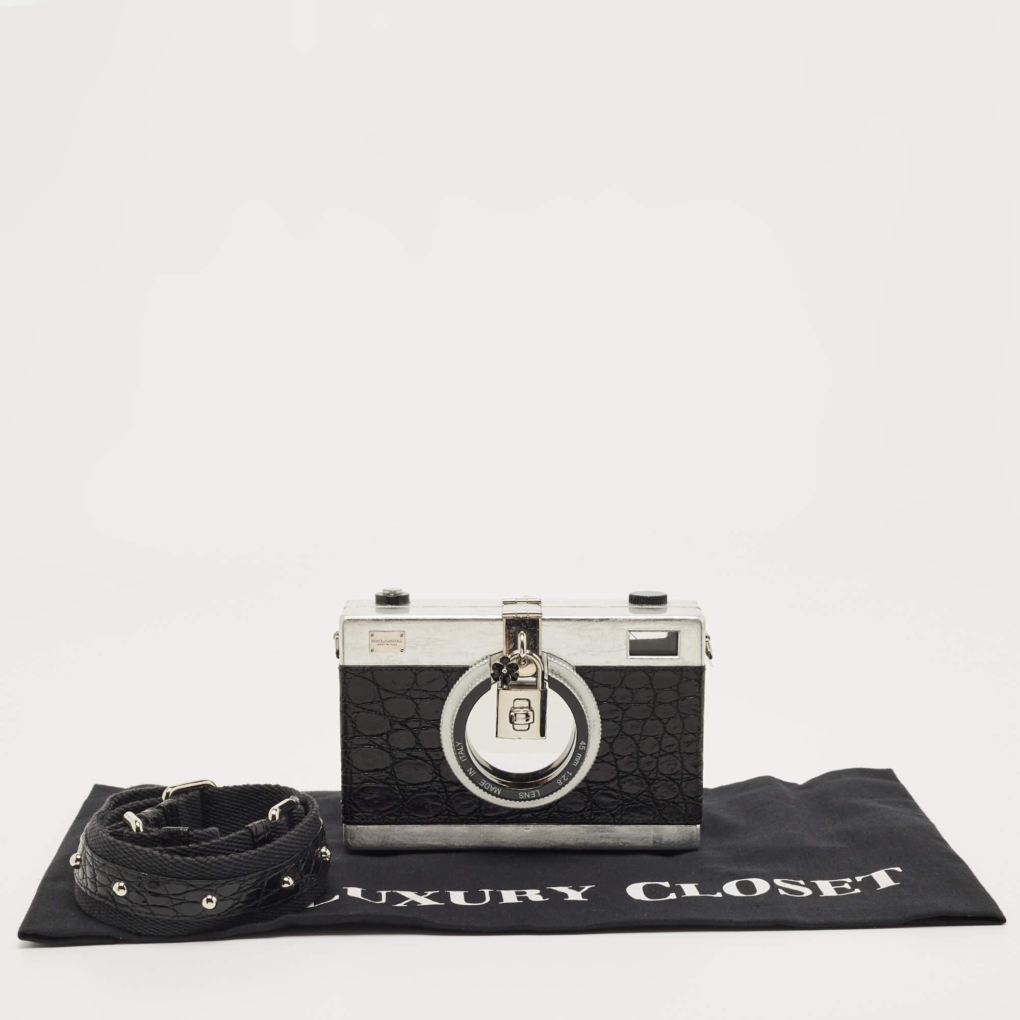 Dolce & Gabbana Black/Silver Croc Embossed and Leather Camera Case Shoulder Bag 2