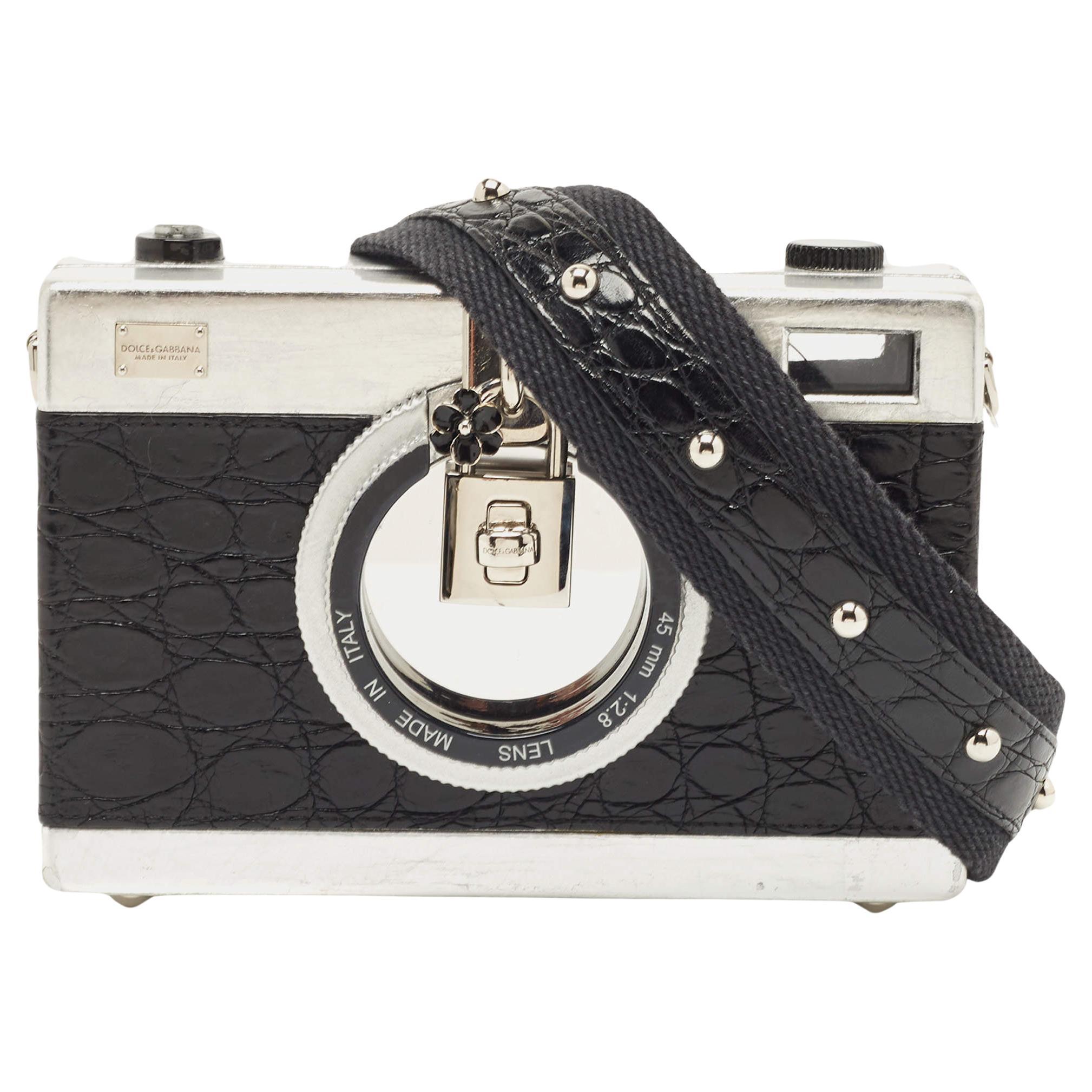 Dolce & Gabbana Black/Silver Croc Embossed and Leather Camera Case Shoulder Bag