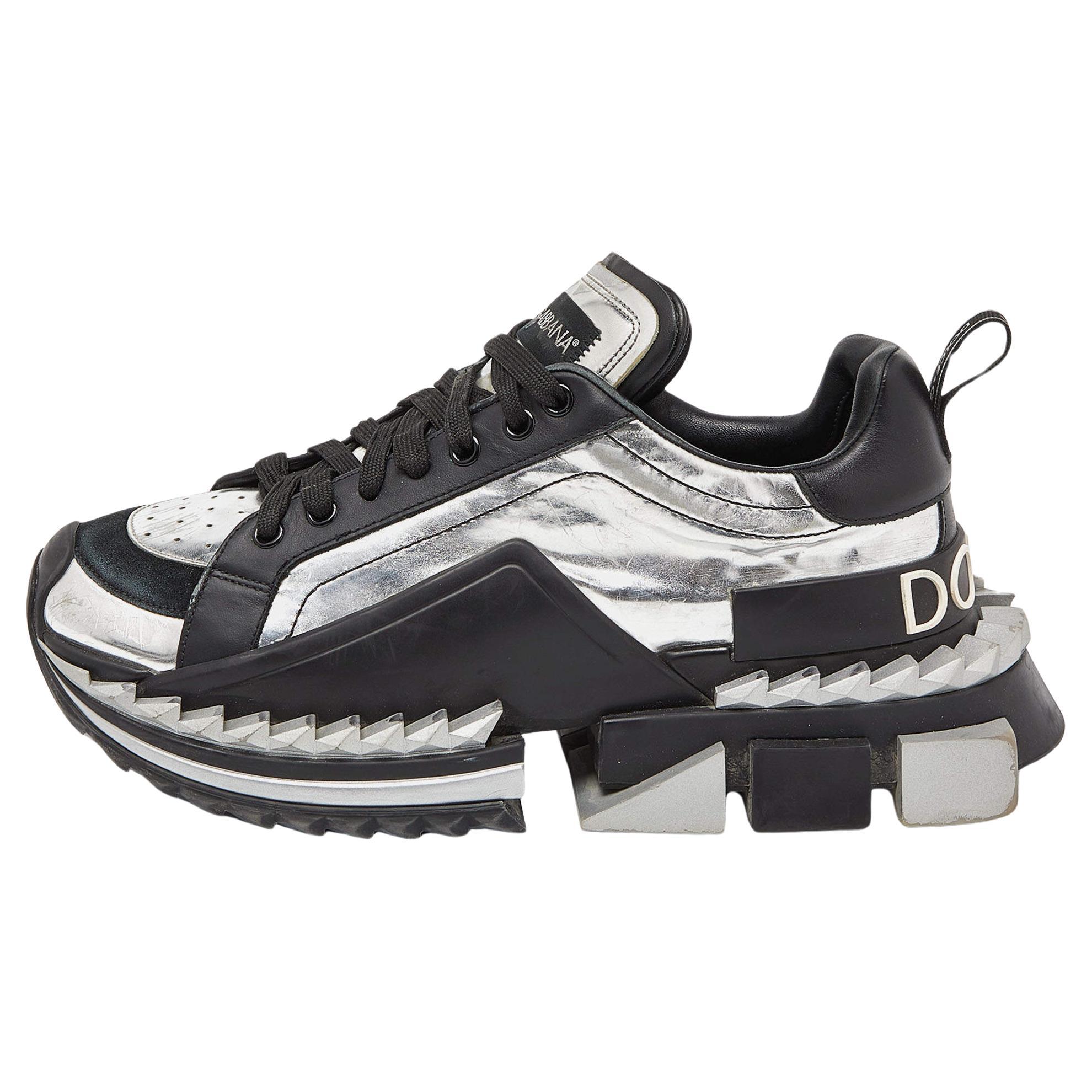Dolce & Gabbana Black/Silver Leather and Patent Super King Platform Sneakers Siz For Sale