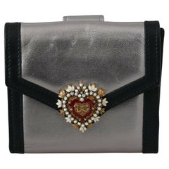 Dolce & Gabbana Black Silver Leather Devotion Bifold Wallet Purse Heart Pearls