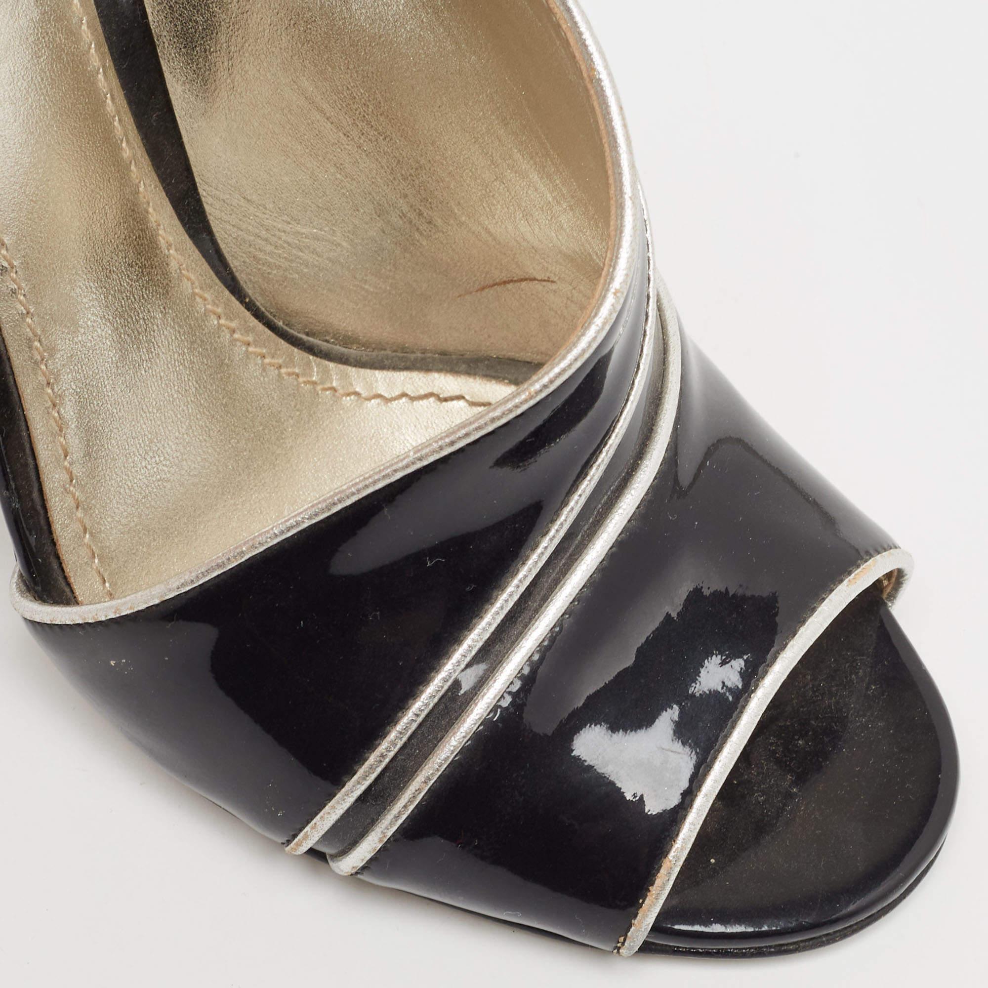 Dolce & Gabbana Black/Silver Patent and Leather Cut Out Peep Toe Pumps Size 37.5 For Sale 3