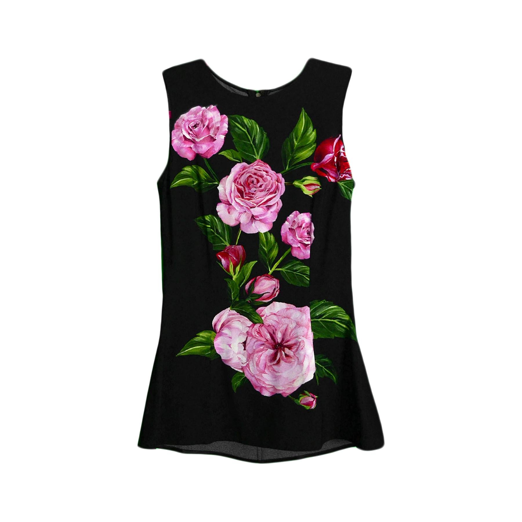Dolce & Gabbana Black Sleeveless Top w/ Rose Print sz IT 36