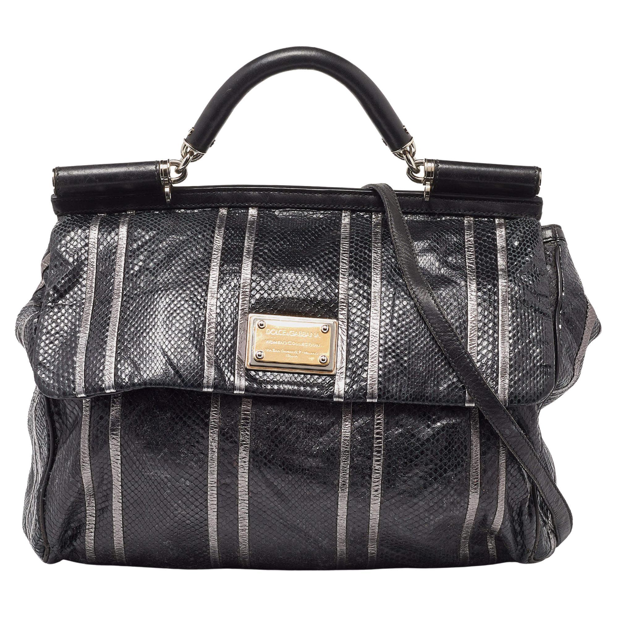 Dolce & Gabbana Schwarze Handtasche aus Schlangenhaut und Leder XL Miss Sicily Top Handle Bag im Angebot