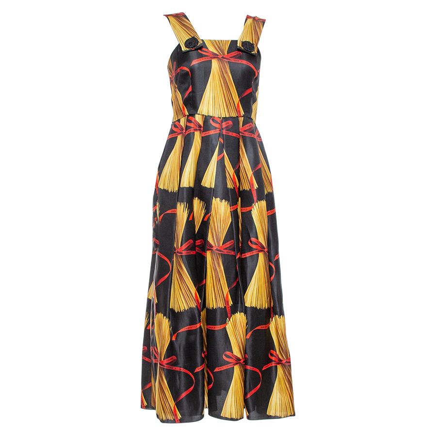 Dolce & Gabbana Black Spaghetti Printed Silk Organza Midi Dress M