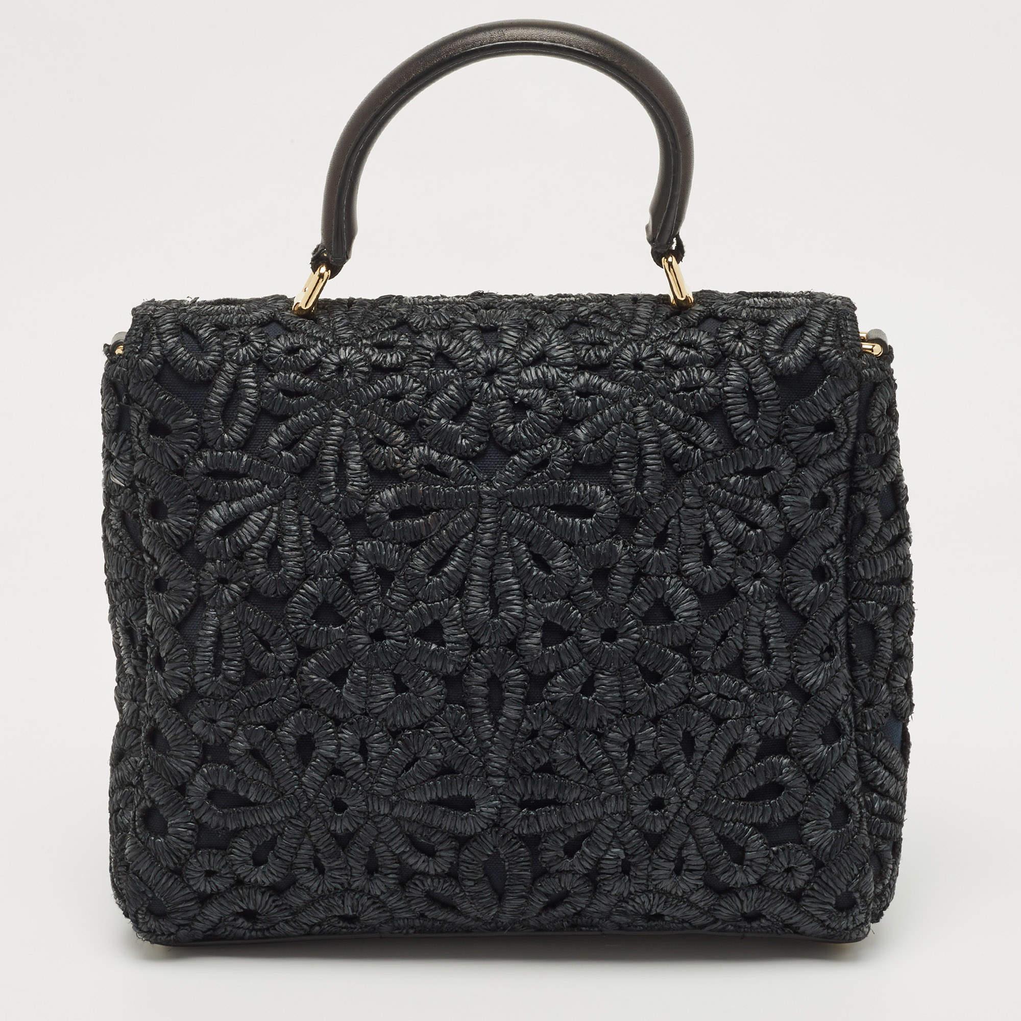 Dolce & Gabbana Black Straw and Leather Miss Dolce Top Handle Bag In Good Condition In Dubai, Al Qouz 2