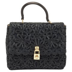 Dolce & Gabbana Black Straw and Leather Miss Dolce Top Handle Bag